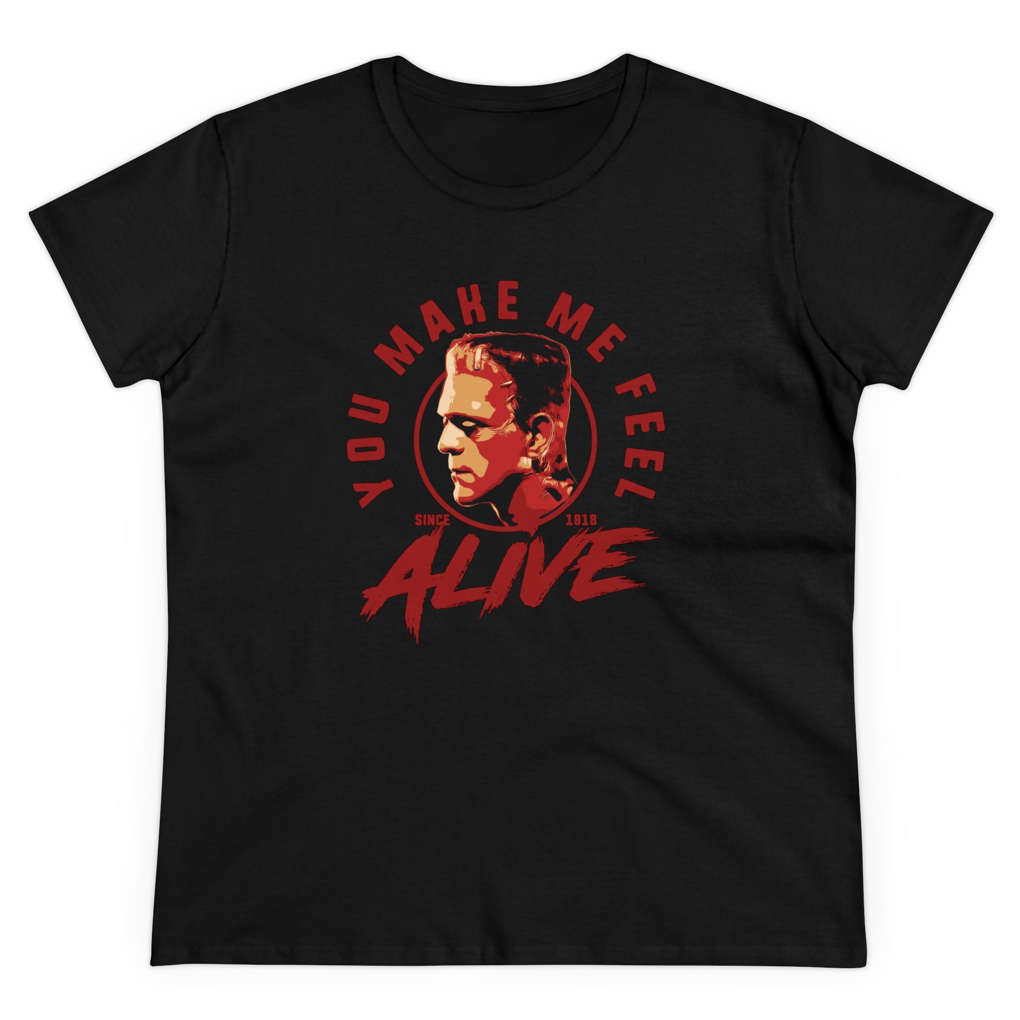 Alive - Women's Tee: Women's black tee with a red and gold design featuring a man's face. The text reads "You Make Me Feel Alive" with "Since 1918" below the face. This pre-shrunk, fashionable statement piece is perfect for any wardrobe.