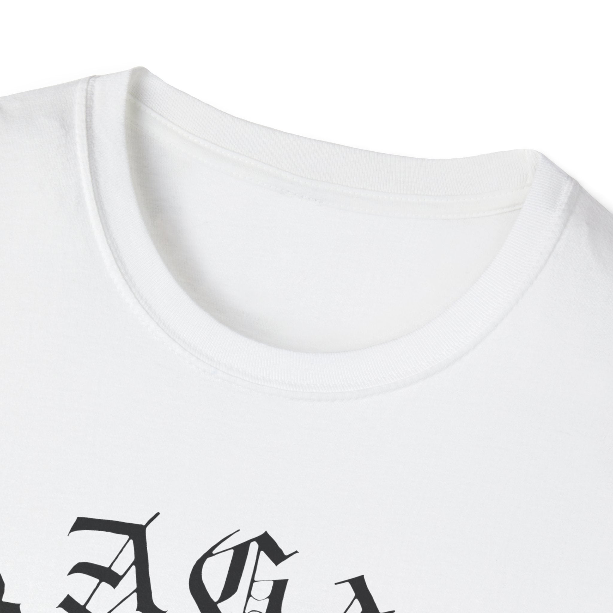 The "Skater Angel" is a white crew-neck t-shirt with a relaxed fit, showcasing black gothic-style lettering that subtly suggests an angel in motion on a skateboard.