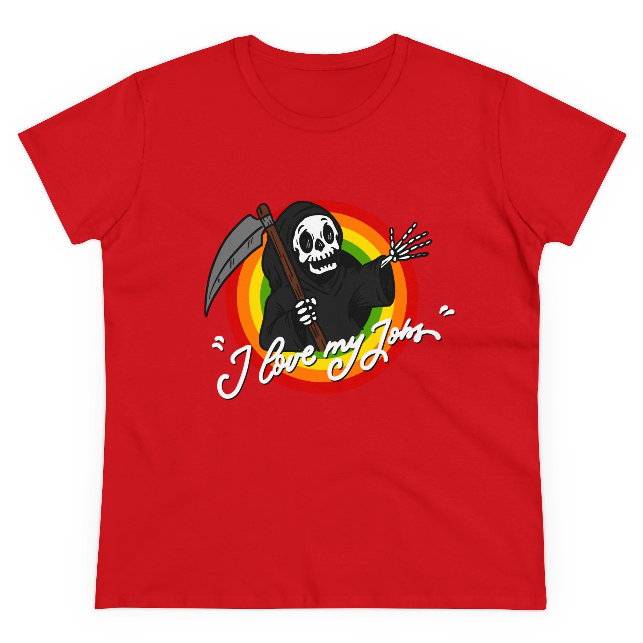 Red T-shirt crafted from soft, comfortable cotton featuring a cartoon skeleton dressed as the Grim Reaper holding a scythe, with the text "I love my job" in white script. Perfect for those who embrace their passion, this Love My Jobs - Women's Tee is both stylish and cozy.