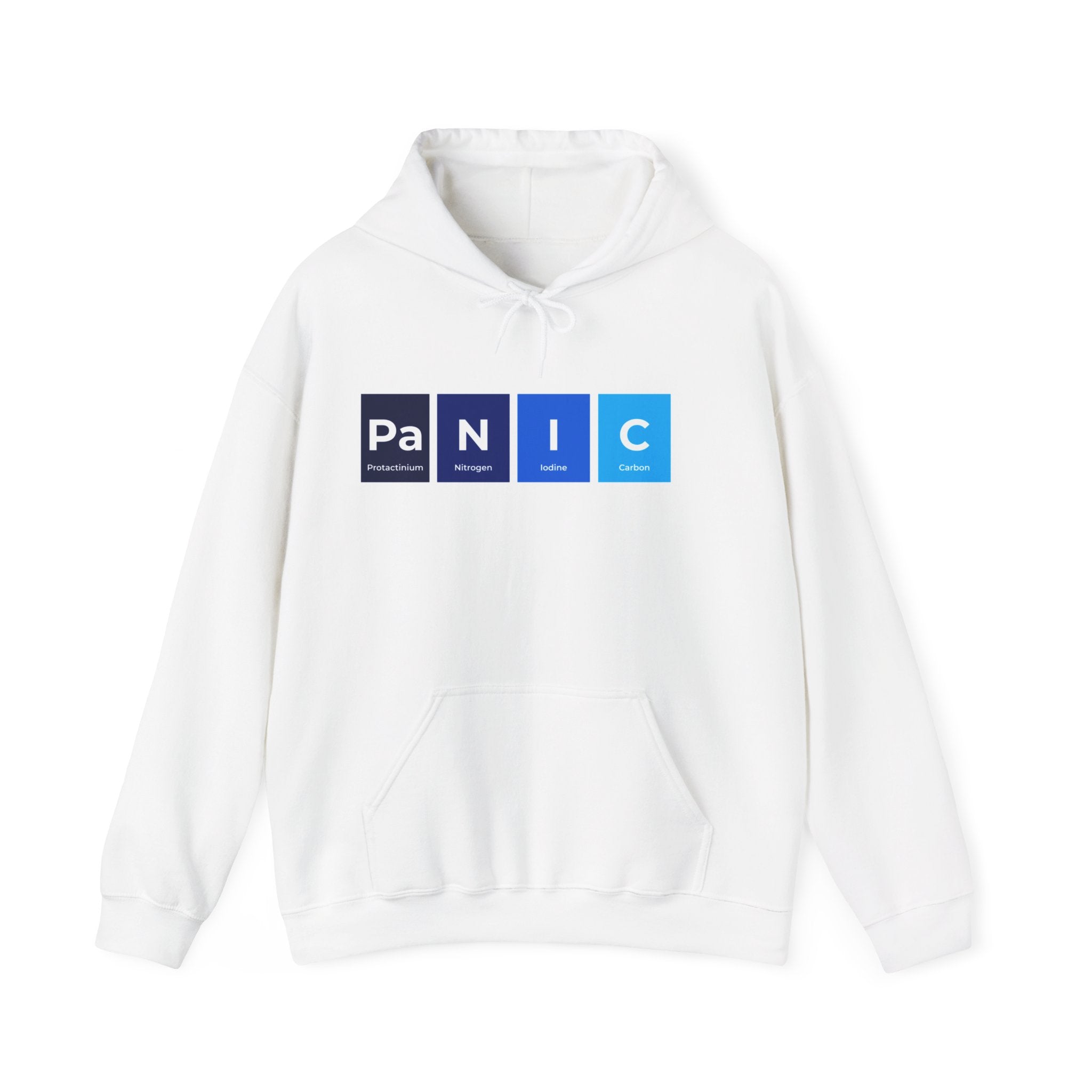 Pa-N-I-C - Hooded Sweatshirt featuring the text "PaNIC" styled as periodic table elements: Protactinium (Pa), Nitrogen (N), Iodine (I), and Carbon (C) on the front. This wardrobe essential combines fashionable designs with a clever twist for a unique look.