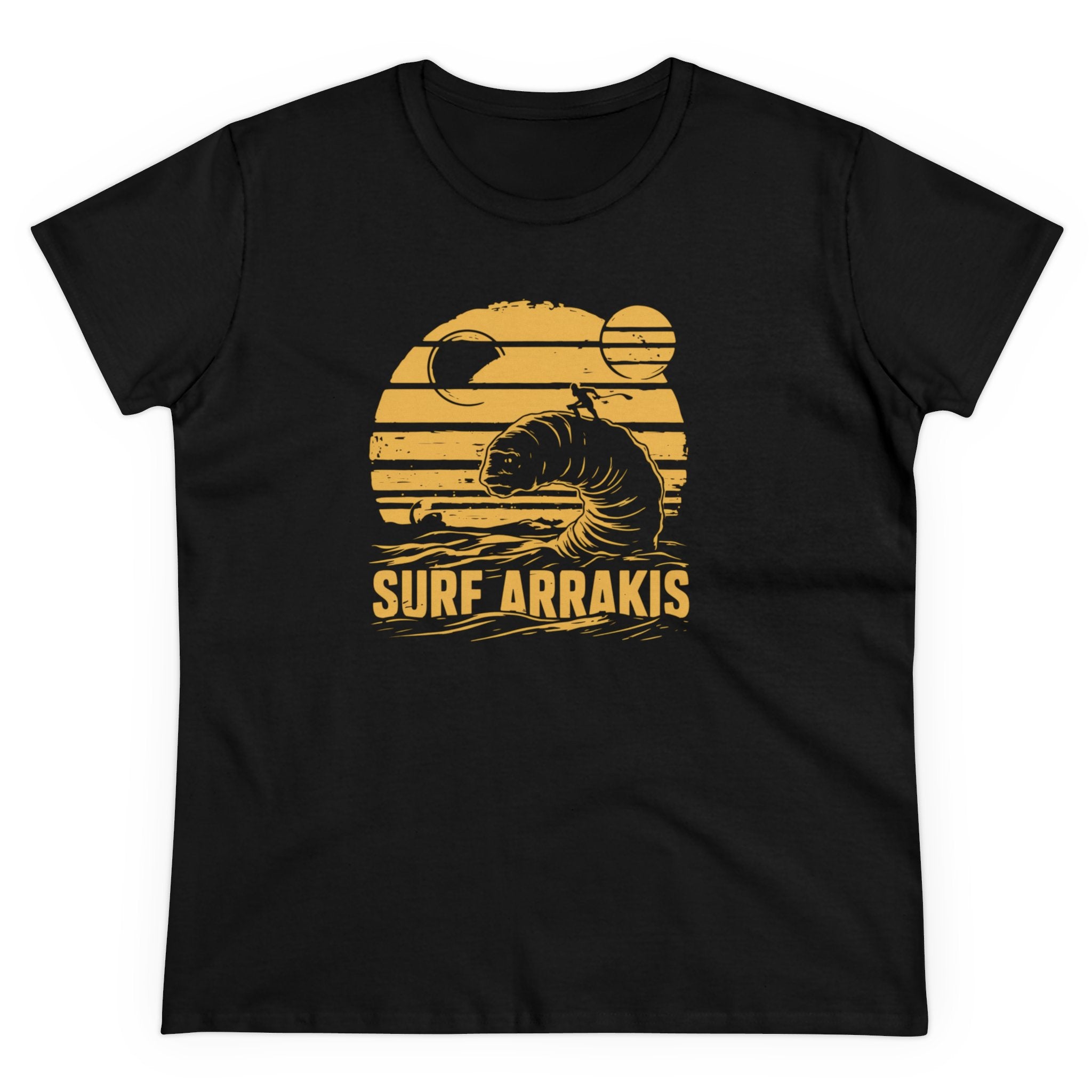 Black T-shirt featuring a yellow graphic of a sandworm in ocean waves with two moons and the text "SURF ARRAKIS" below. The Surf Arrakis - Women's Tee offers a pre-shrunk, comfy design made from soft light cotton for ultimate comfort.