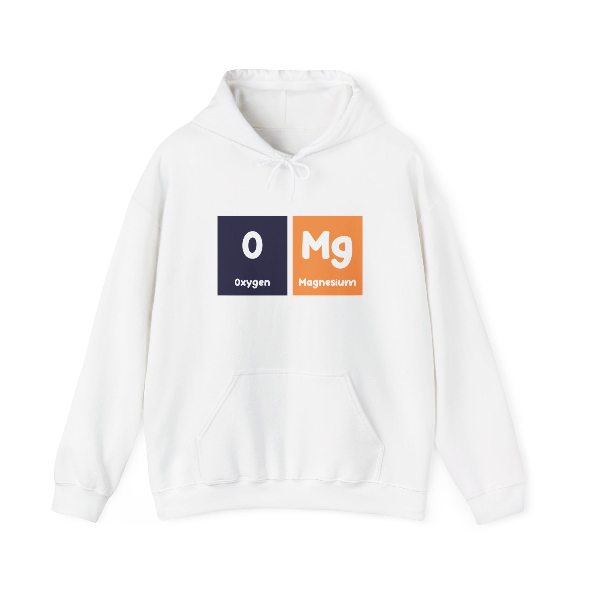 A white O-Mg - Hooded Sweatshirt with a design featuring "O" for Oxygen and "Mg" for Magnesium in periodic table style blocks on the front, offering both comfort and fashion.