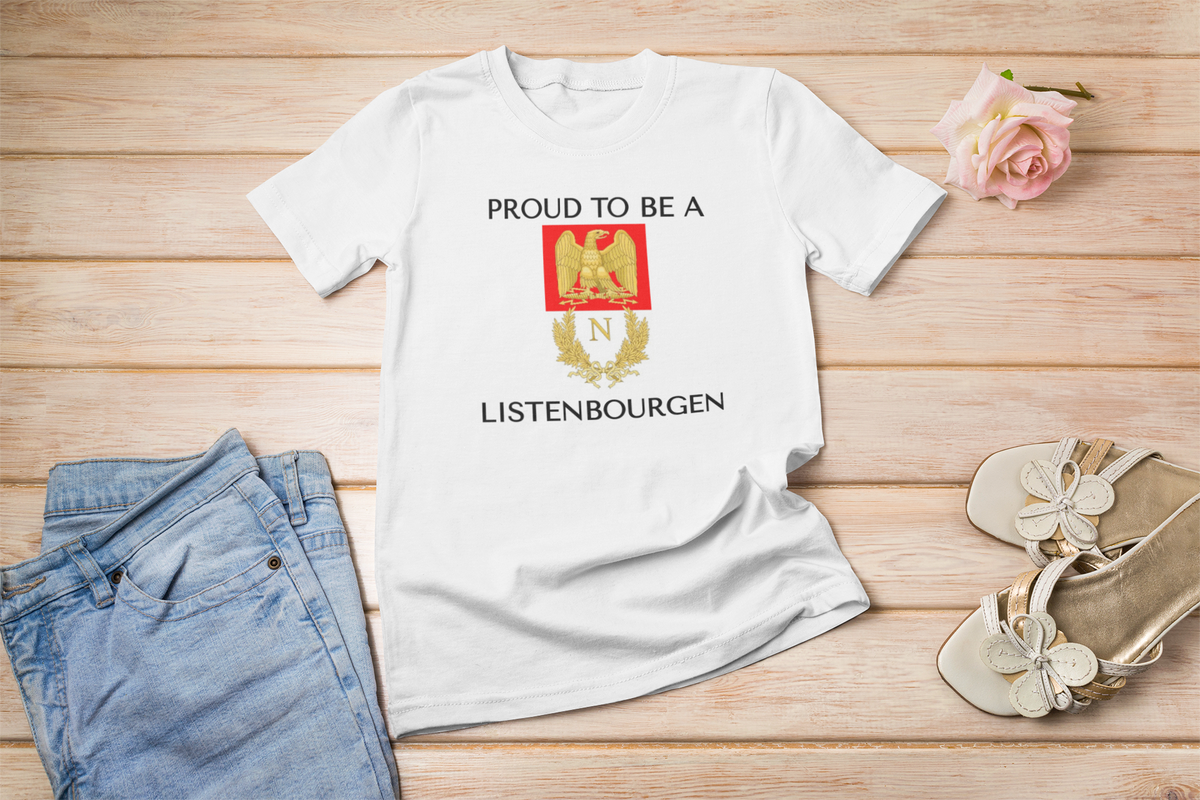 'Proud To Be A Listenbourgen' crest t-shirt in white, flat lay with jeans