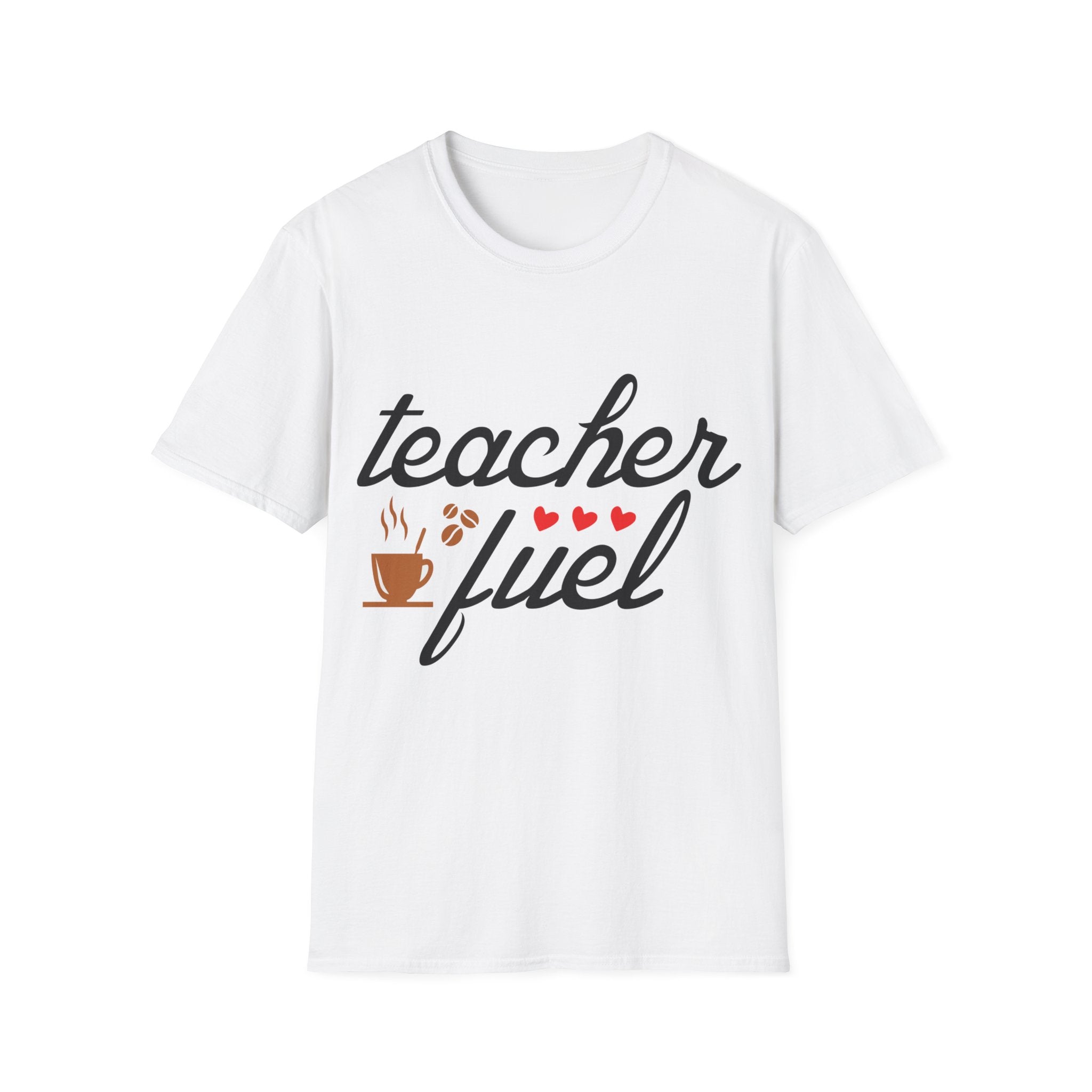 White "Teacher's Fuel" T-shirt featuring a design with a coffee cup, steam, coffee beans, and hearts. Ideal for showcasing your classroom pride in a stylish way.