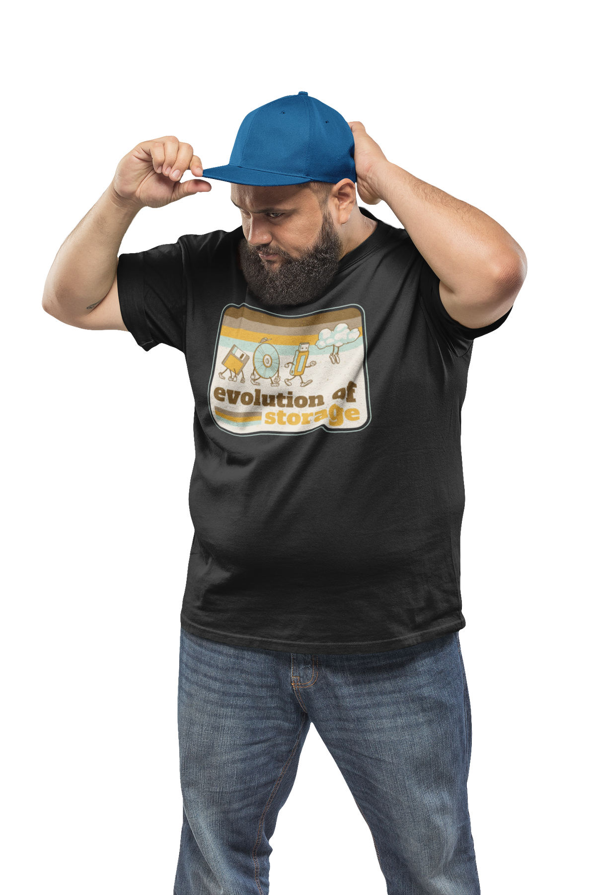 'Evolution of Storage' t-shirt in black, man model wearing it with a blue cap on a black background, funny tech gift