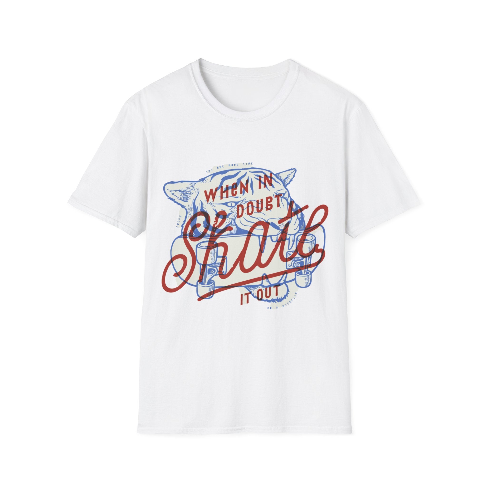 White t-shirt with a red and blue design, ideal for a concert. The text reads, "When in doubt - skate it off," and features illustrations of a goat and skateboards.