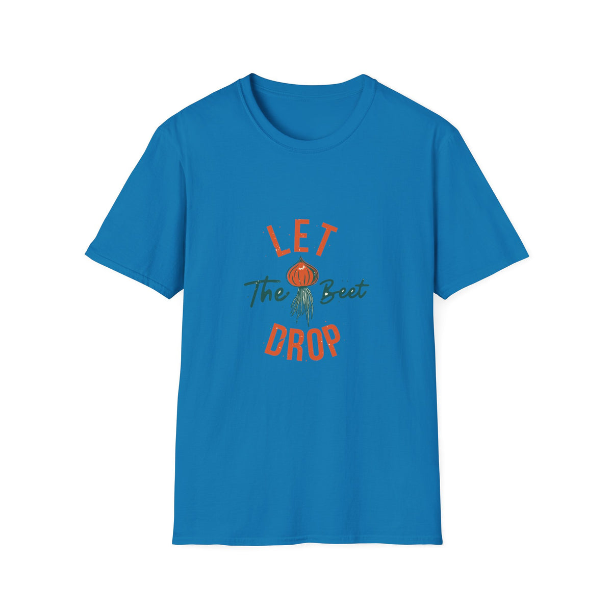 'Let the Beet Drop' funny beet pun t-shirt in sapphire blue, gift for gardeners and vegetable lovers