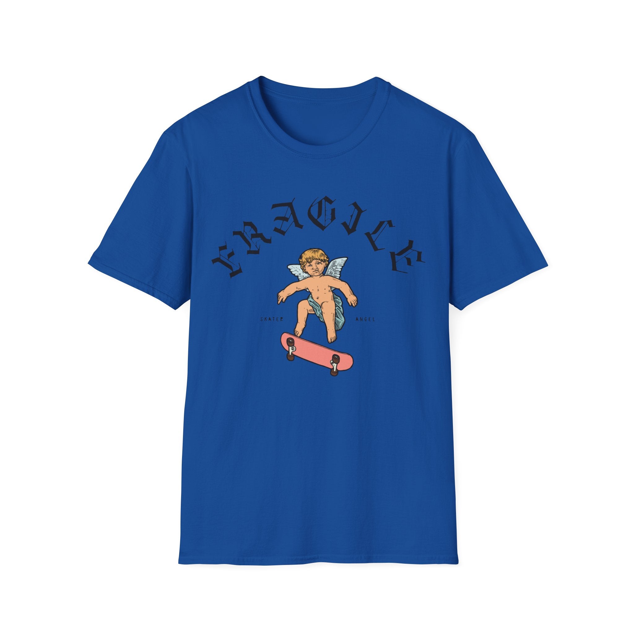 A soft blue Skater Angel t-shirt featuring a relaxed fit and an image of a girl riding a skateboard.