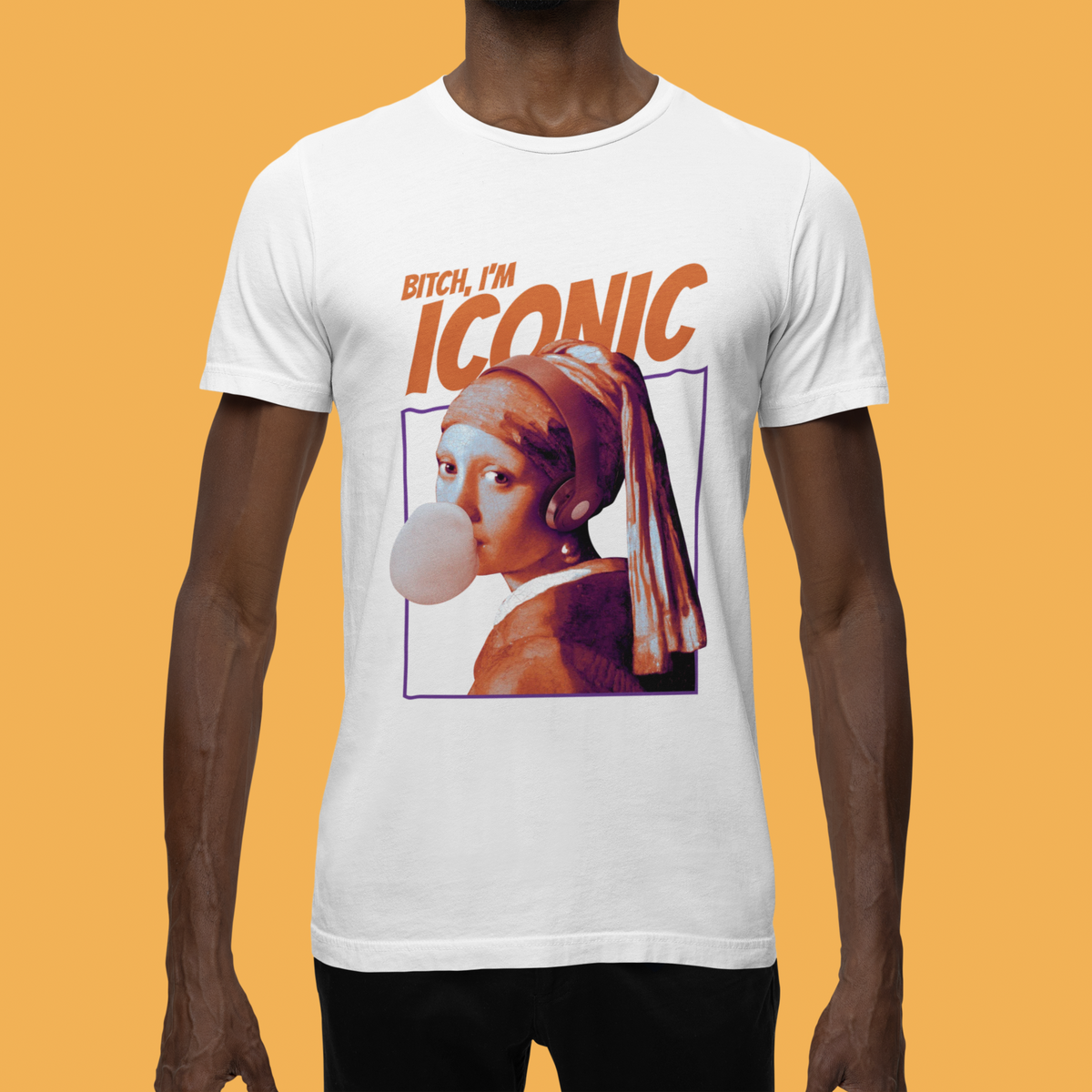 'Bitch, I'm Iconic' t-shirt in white, man model wearing it against an orange background, funny pop art gift shirt