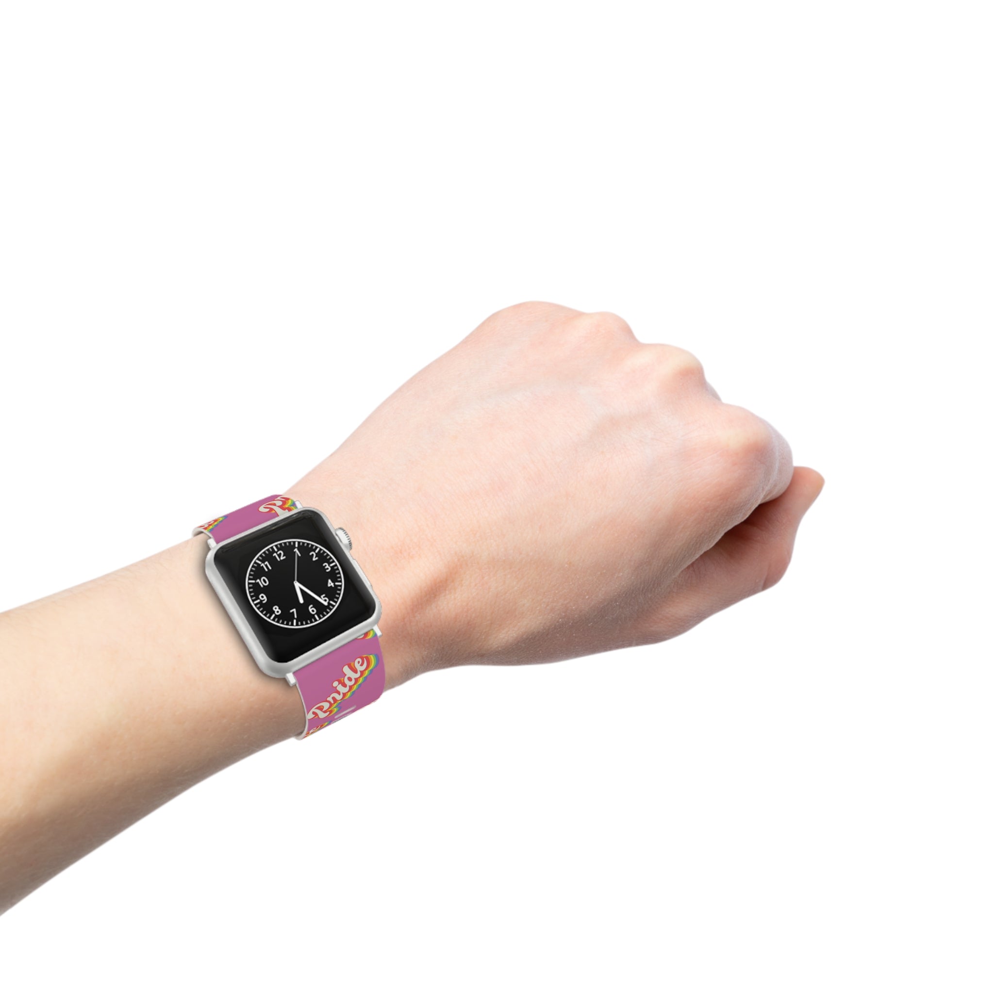 A woman wearing a fashionable Pride Band for Apple Watch T-Shirt with a pink band.