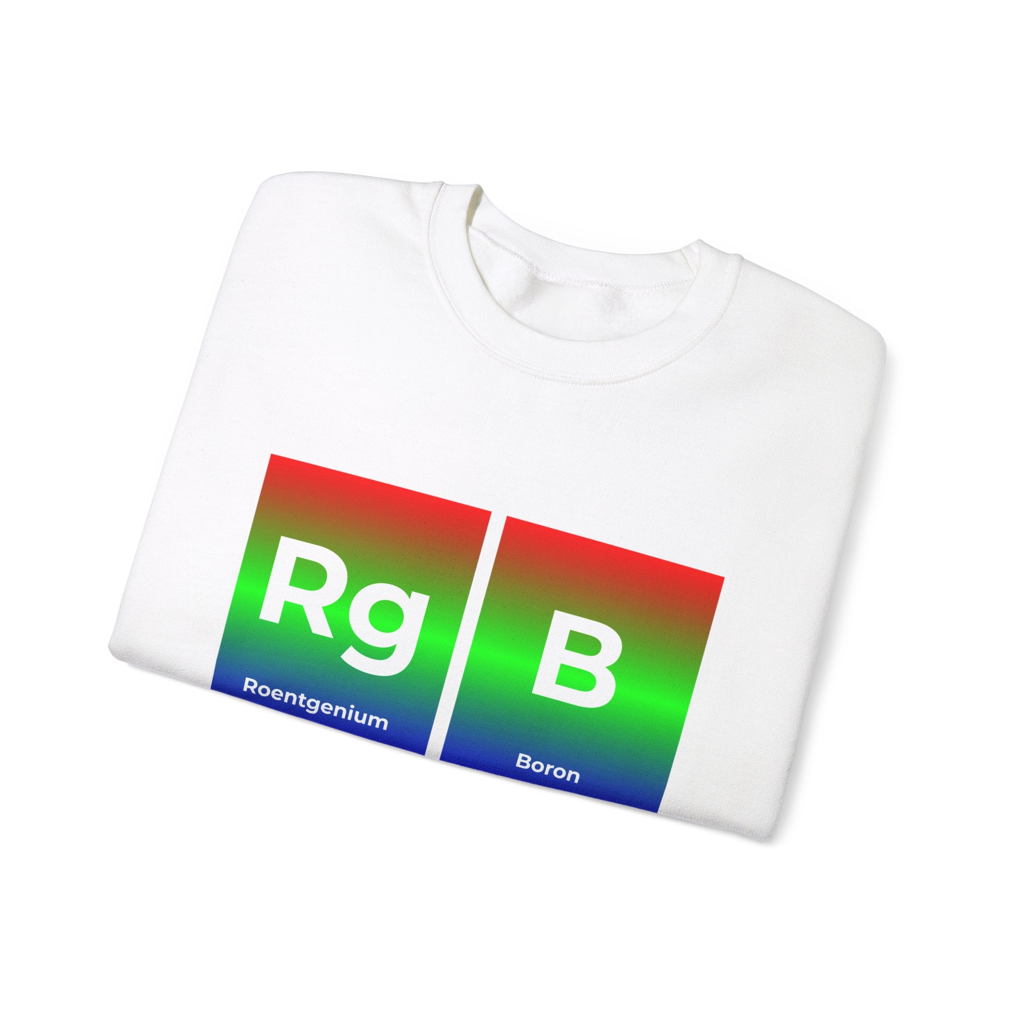 This cozy, folded white RG-B - Sweatshirt features a stylish periodic table design showcasing the elements Roentgenium (Rg) and Boron (B) in colored blocks, green at the bottom and red at the top.