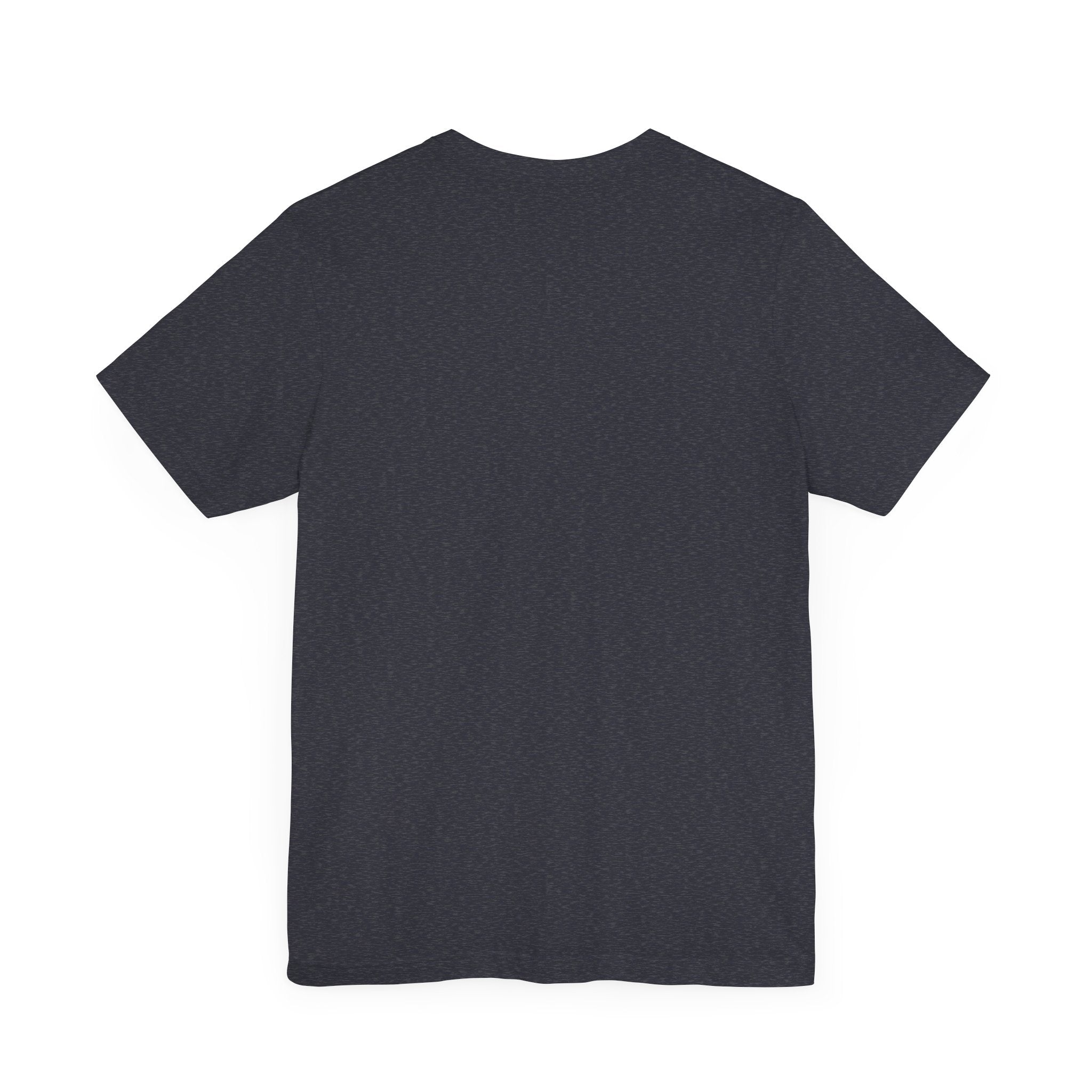 Back view of a plain black short-sleeve Binary Rain Cloud - T-Shirt crafted from Airlume combed and ring-spun cotton, set against a white background.
