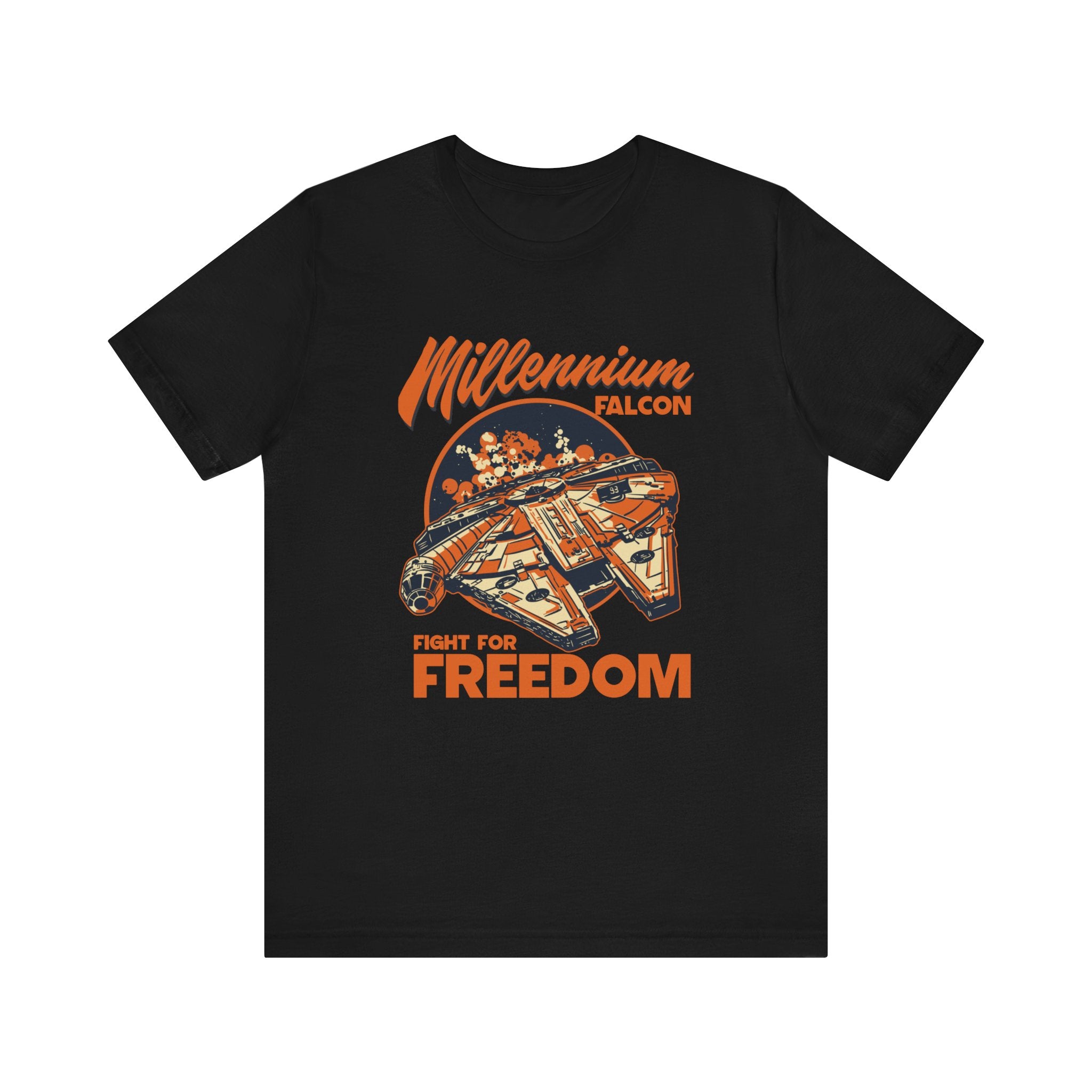 Black t-shirt made of soft cotton, featuring an orange and white graphic of the Falcon with the text "Falcon fight for freedom.