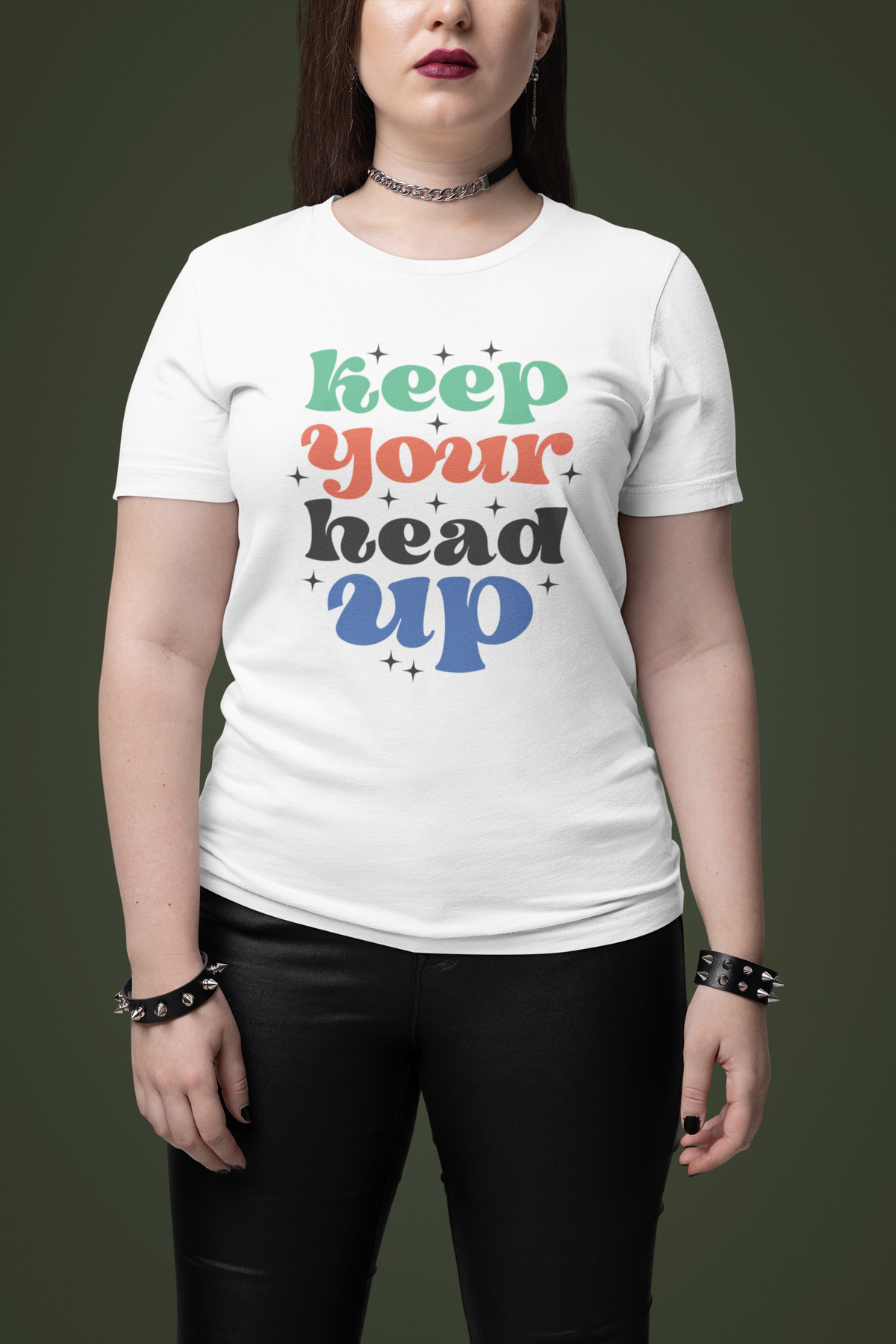 'Keep Your Head Up' t-shirt in white, woman wearing it studio shot