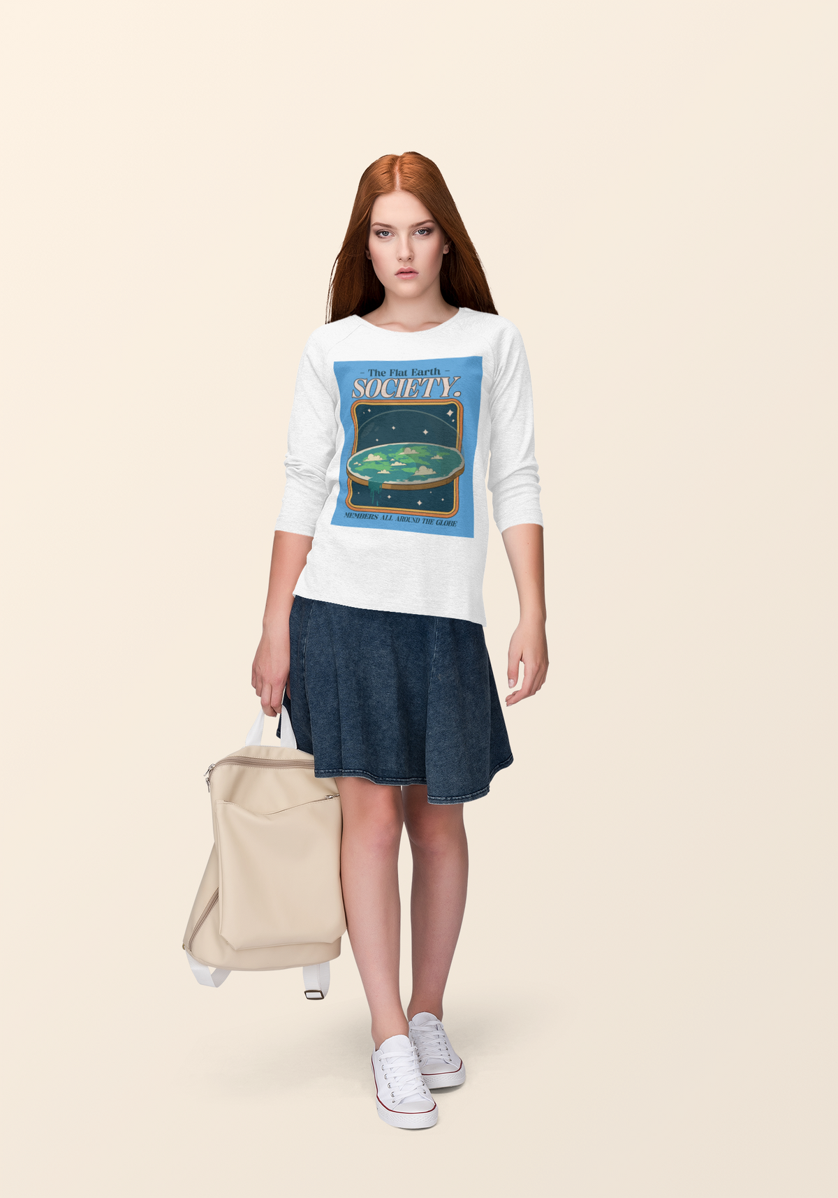 'The Flat Earth Society' sweatshirt in white, woman wearing it with a skirt, funny science gift