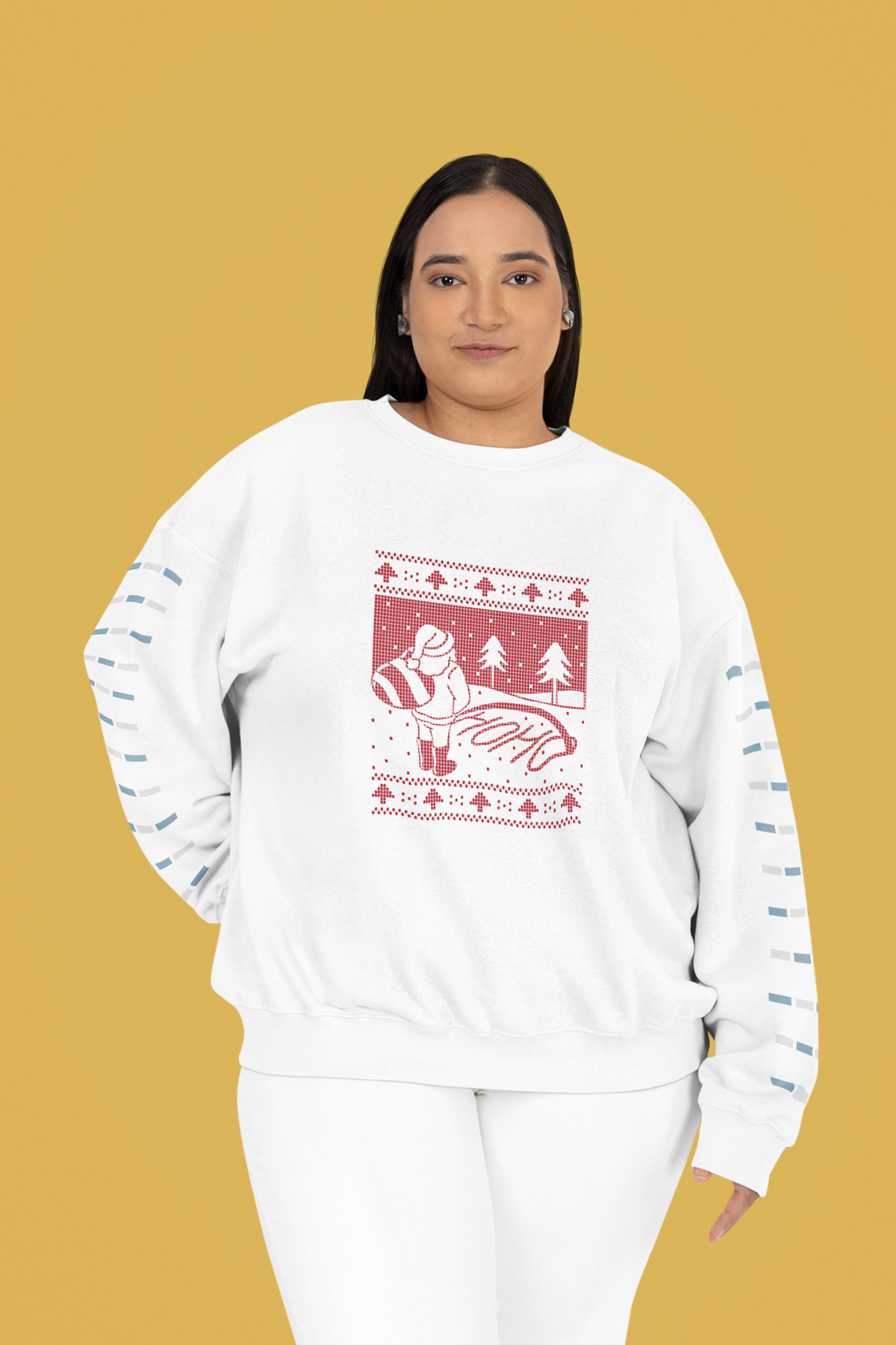 Ugly Sweater HoHo Santa sweatshirt in white, woman wearing it, funny Christmas gift