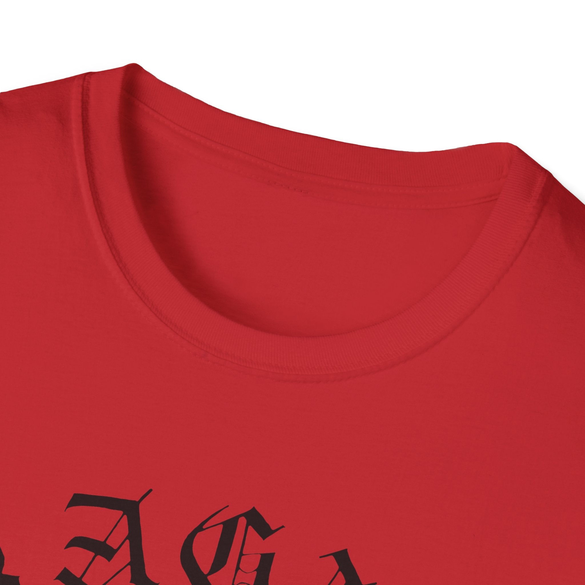 Close-up of the Skater Angel t-shirt, a relaxed fit in red with stylized black lettering partially visible near the neckline.