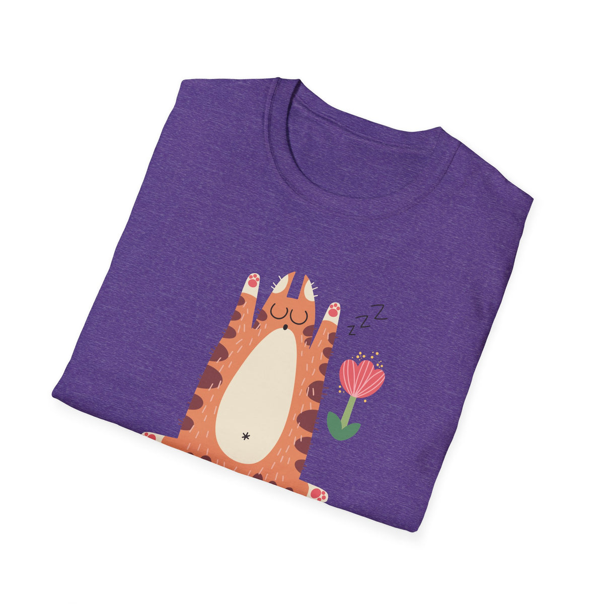 "You Make Me Go ZZZ" sleepy cat t-shirt in heather purple, folded flat lay, funny cat gift