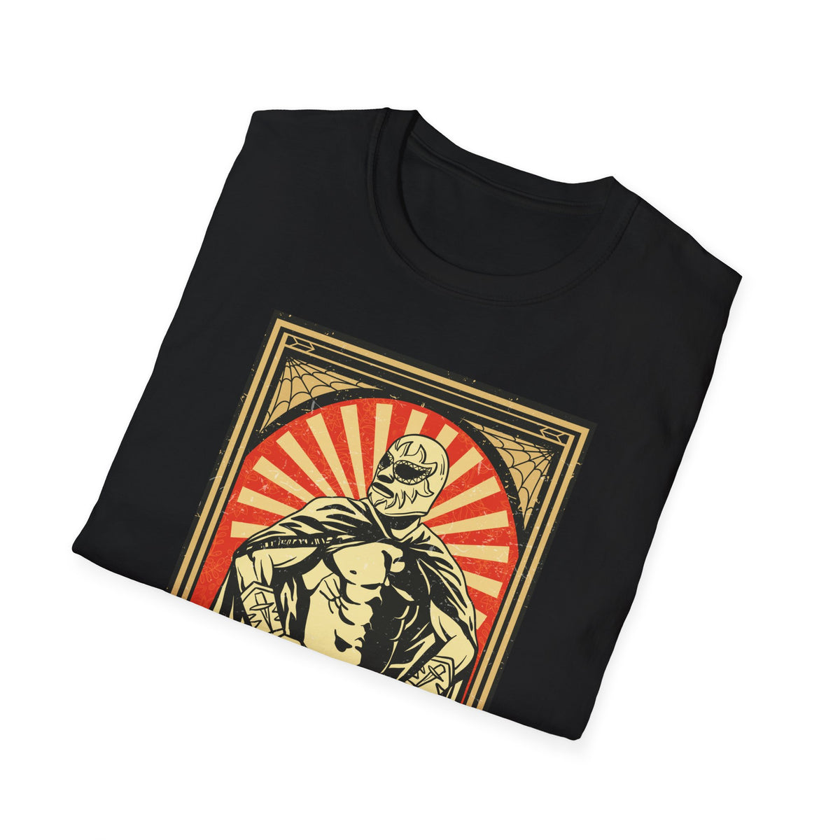 'Mexican Wrestler' retro poster print folded on black t-shirt, funny lucha libre gift idea