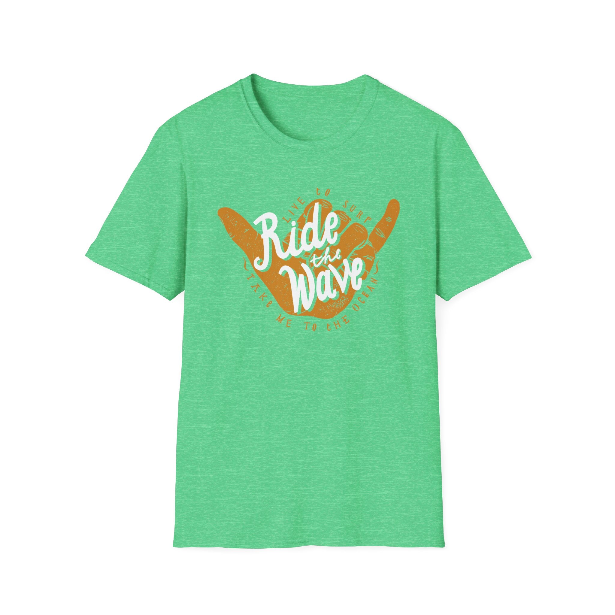 The "Ride the Wave" T-Shirt is crafted from soft green cotton fabric and showcases a vibrant design with the text "Ride the Wave" over an orange and white hand gesture that exudes a surf's up vibe.