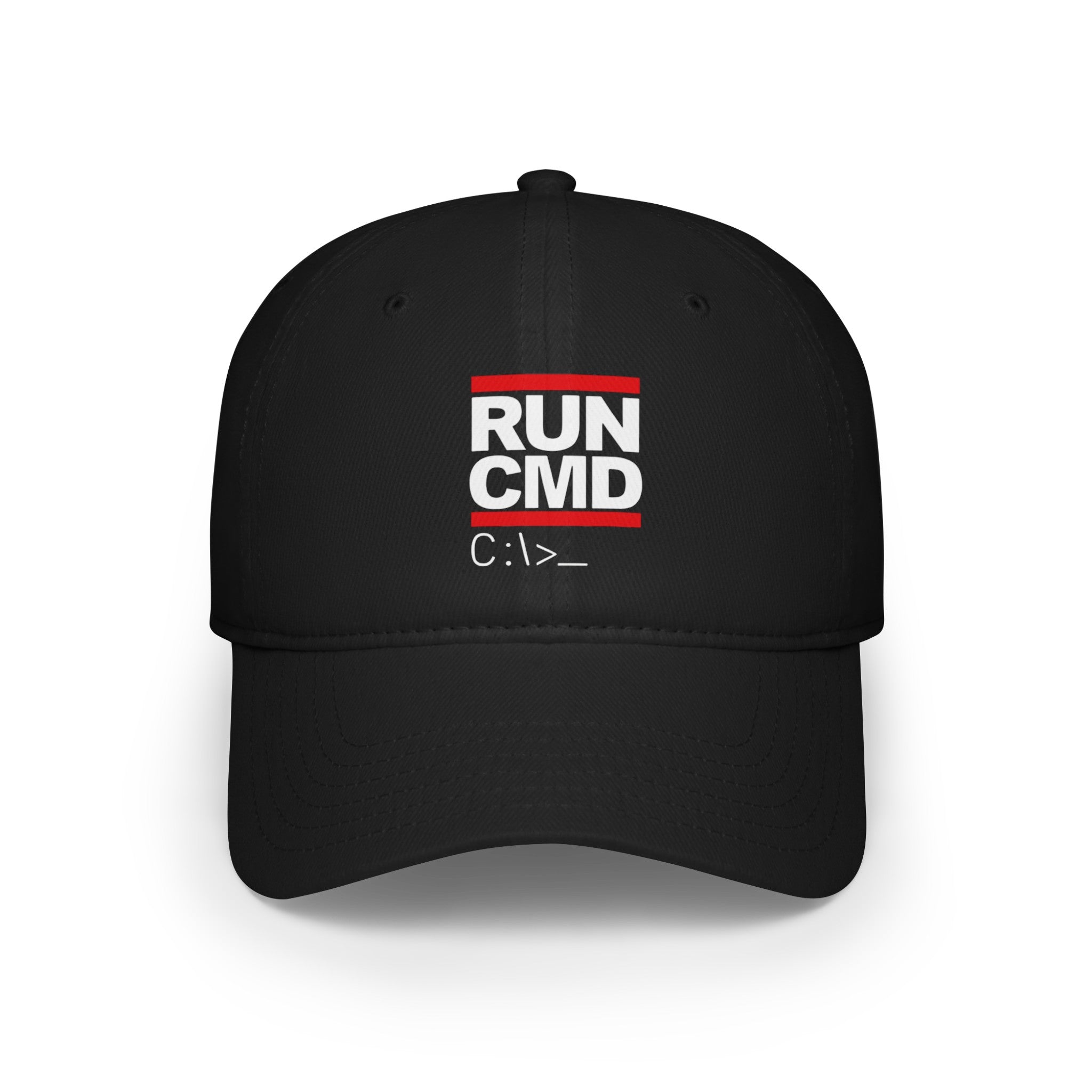 RUN CMD - Hat with a design featuring "RUN CMD" in white and red text, and "C:\>" below it, referencing command prompt. The cap boasts reinforced stitching for added durability.