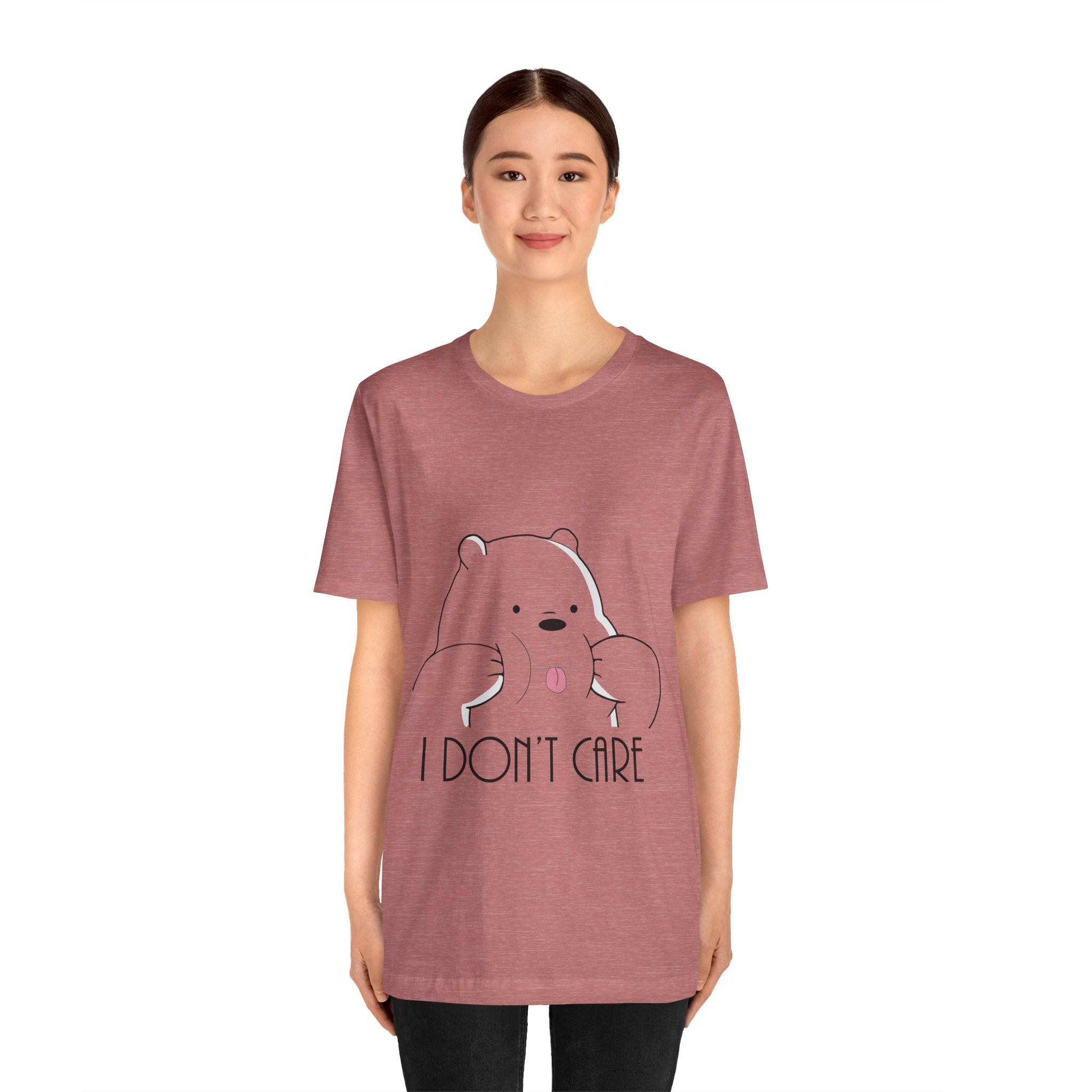 Young woman wearing an I Don't Care Panda T-Shirt featuring a cartoon panda and the phrase "i don't care.