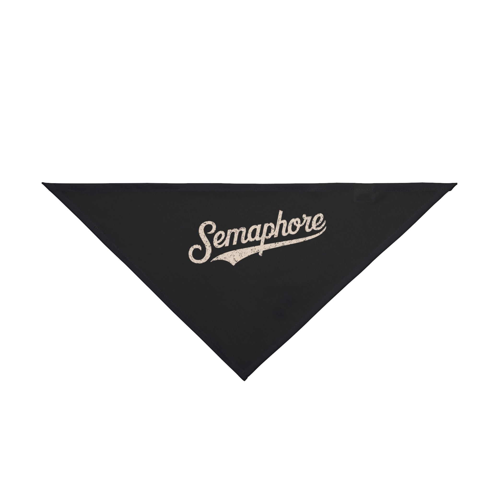 A Semaphore - Pet Bandana in black, featuring the word "Semaphore" written in white script across the center. Its soft material ensures comfort against your pet's skin while sporting the stylish Semaphore design.