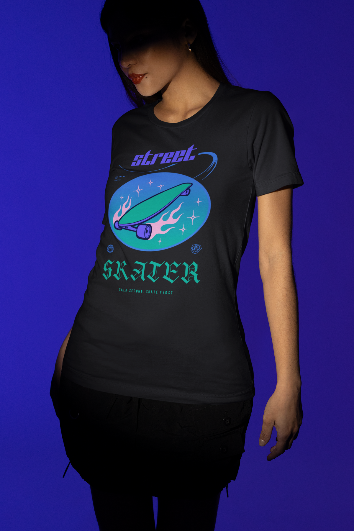 "Street Skater" retro skateboard t-shirt in black, woman wearing it, funny gift for skaters