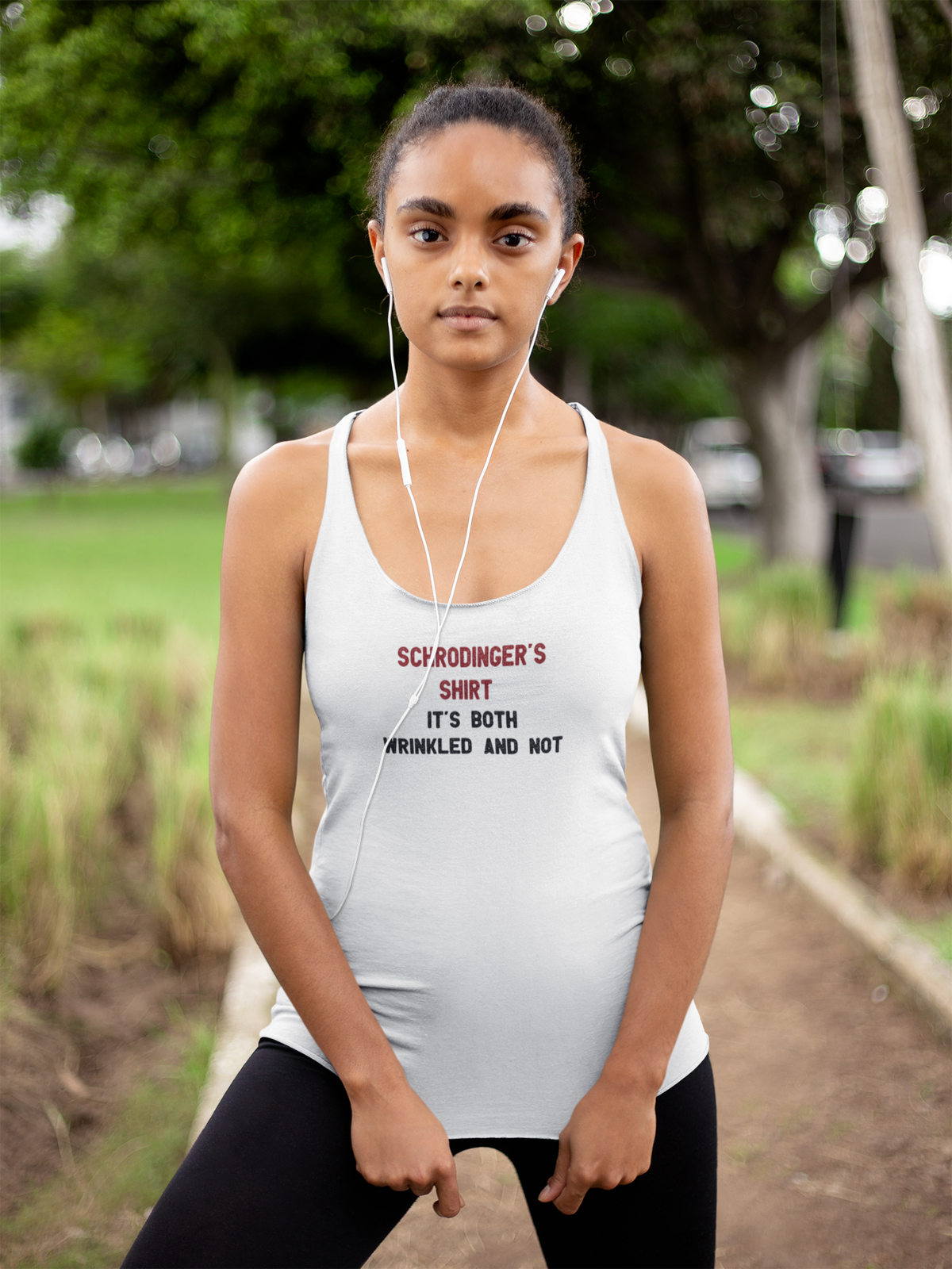 'Schrodinger's Shirt Women's Tank' in white, woman in a park, Tank Top mockup, Geekpsters