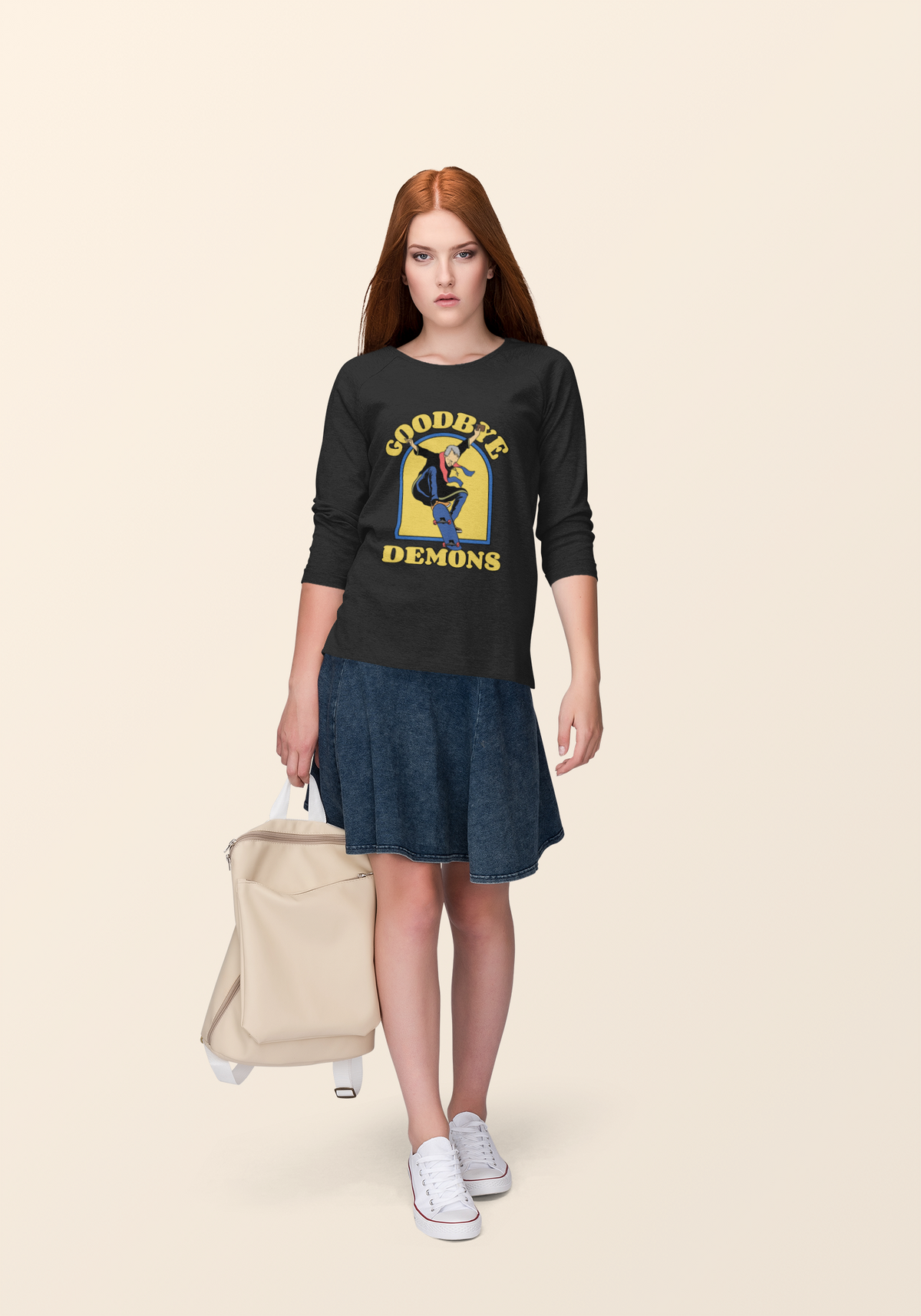 'Goodbye Demons' funny exorcist skater long sleeve shirt in black, redhead woman wearing it, funny gift