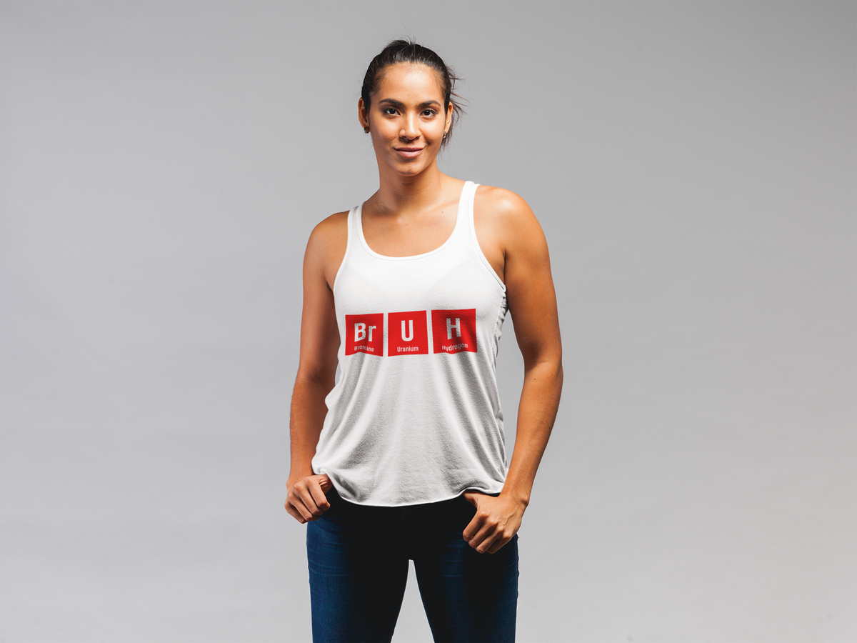 Br-U-H Women's Racerback Tank | Funny Periodic Table Bruh Pun Tank Top | Science Humor Gift for Her | Geekpsters