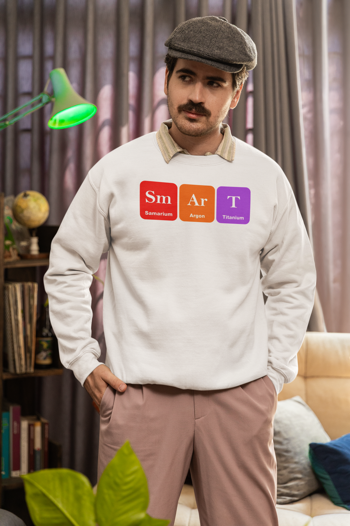 'Smart' periodic table sweatshirt in cream, bearded man wearing it at home, funny chemistry pun gift