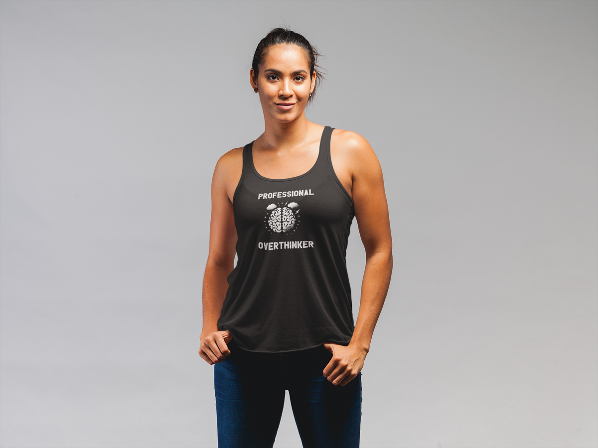'Professional Overthinker' women's tank top in black, woman wearing it, funny brain tank gift for her