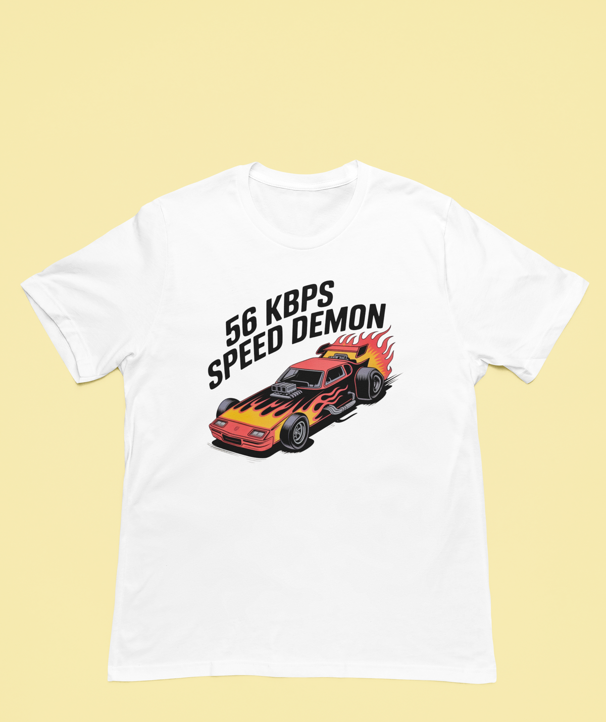 '56 Kbps Speed Demon' t-shirt in white, flat lay front on yellow background, funny retro internet tee