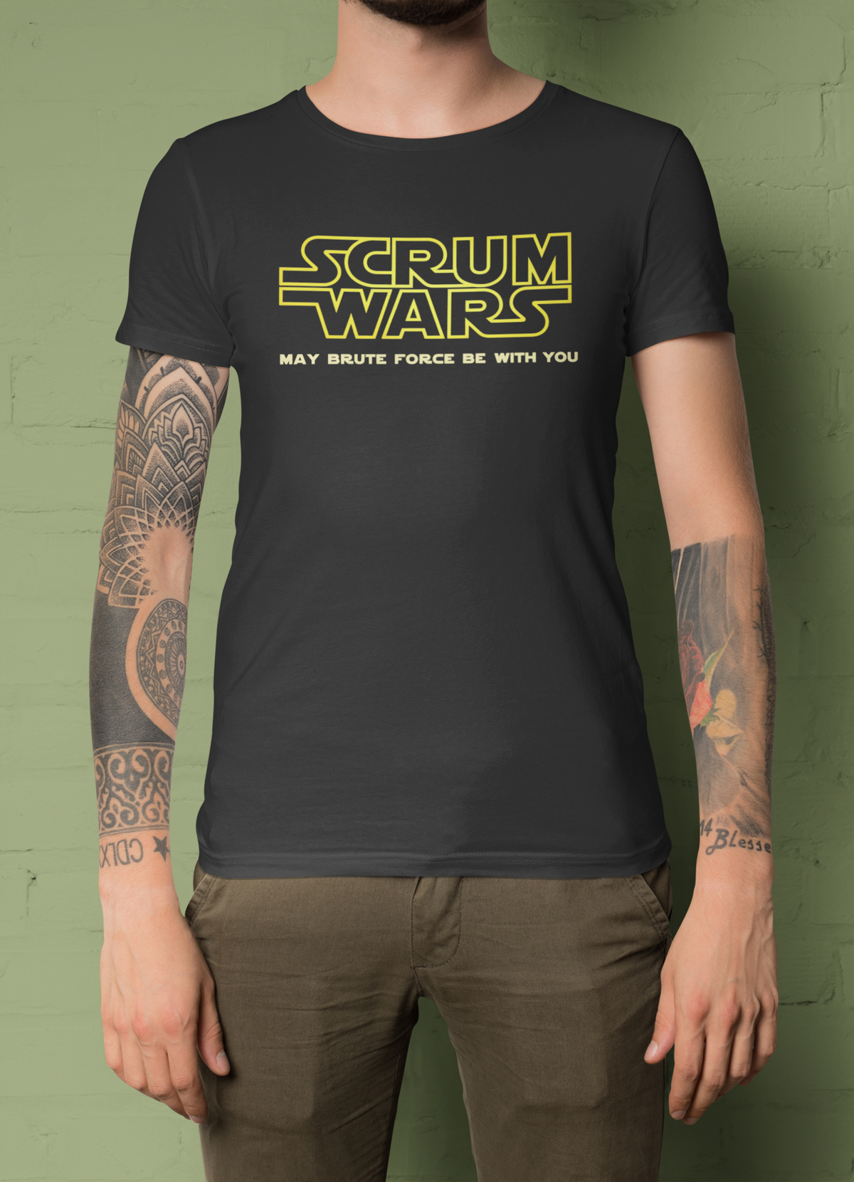 "Scrum Wars" t-shirt in black, tattooed man modeling it, funny gift for agile developers