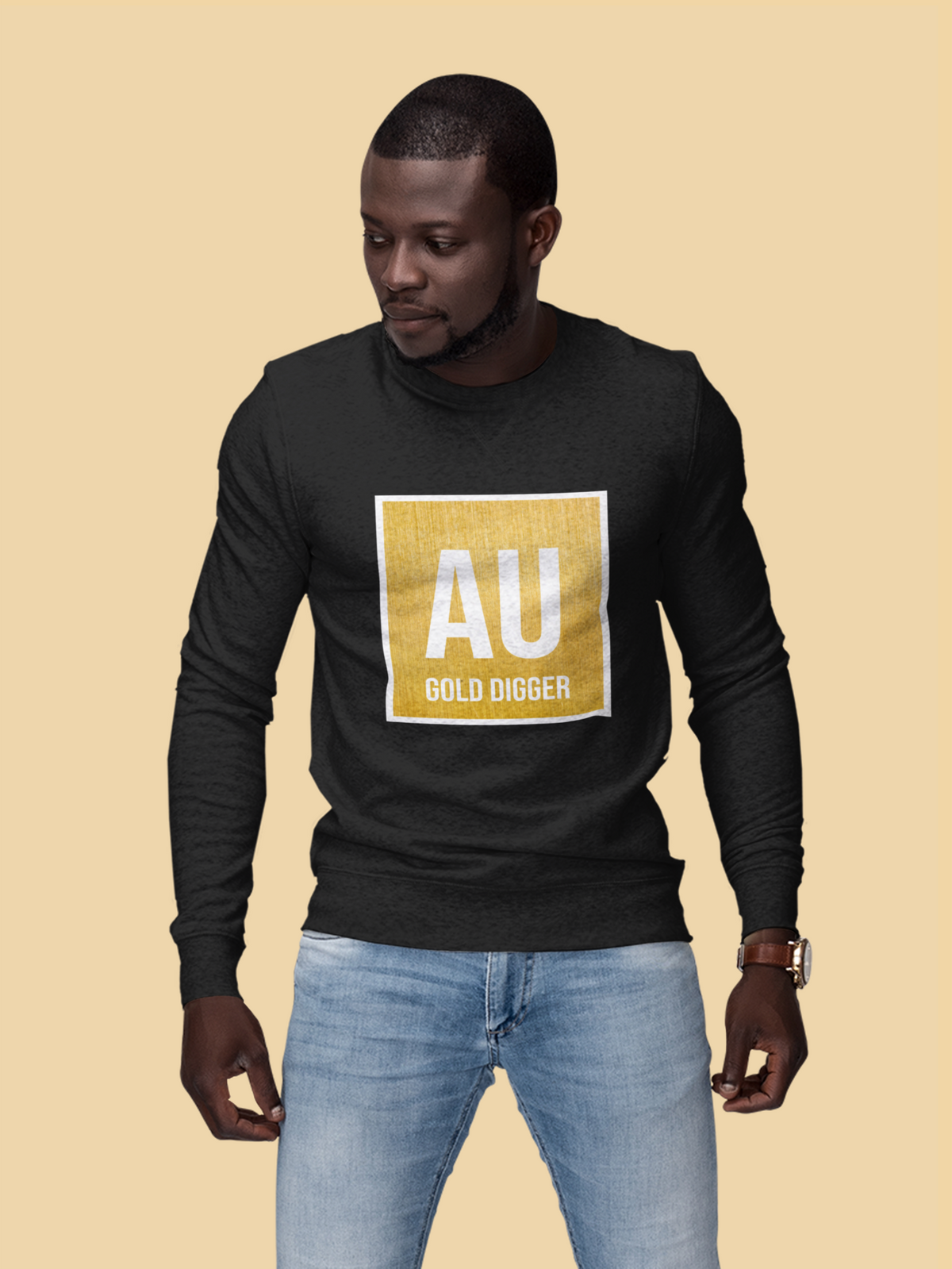 AU Gold Digger crewneck sweatshirt in black, man against a yellow backdrop, funny science gift
