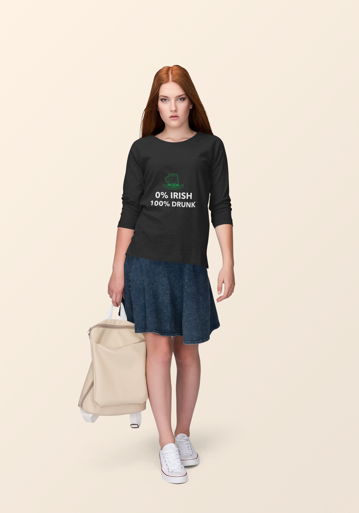 '0% Irish 100% Drunk' sweatshirt in black, woman wearing it with skirt, funny casual St Patrick's Day gift