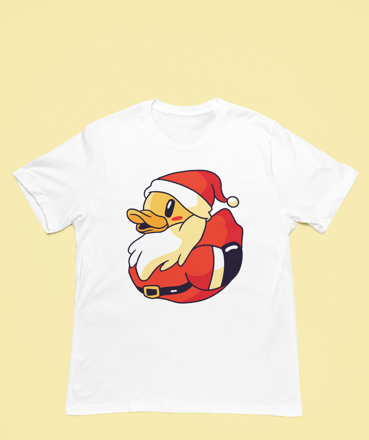 Santa duck t-shirt in white, flat lay on a yellow background, funny christmas gift for duck lovers