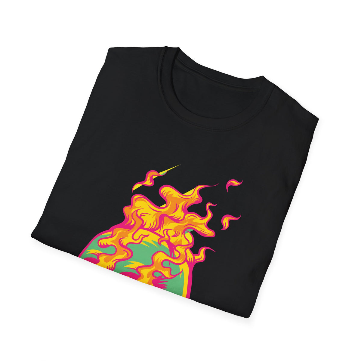 'Skull in Flames' psychedelic flame print folded on black t-shirt, funny gothic pop art gift