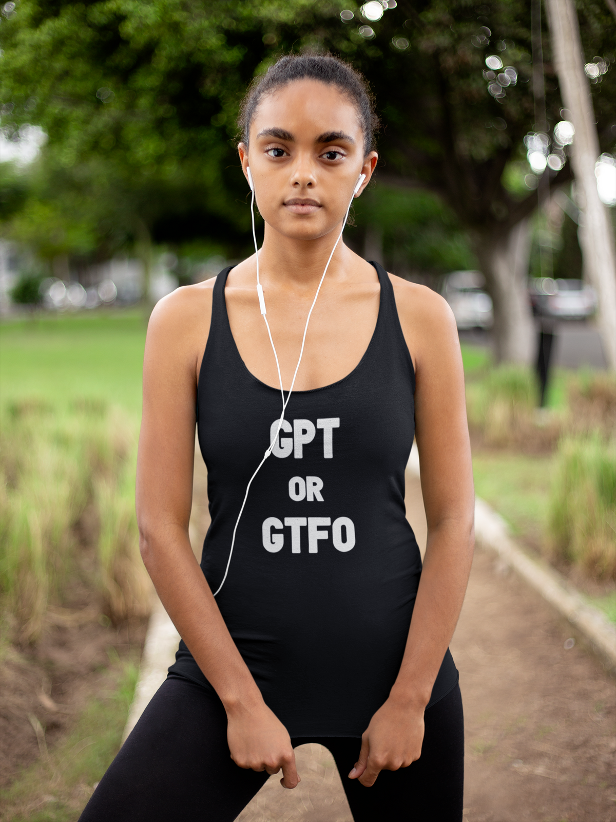 'GPT GTF0 Women's Tank' in black, woman in a park, Tank Top mockup, Geekpsters