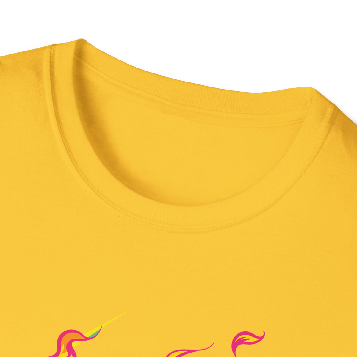 Close-up of 'Skull in Flames' t-shirt neckline in yellow with flame print peeking at hem, funny gothic tee