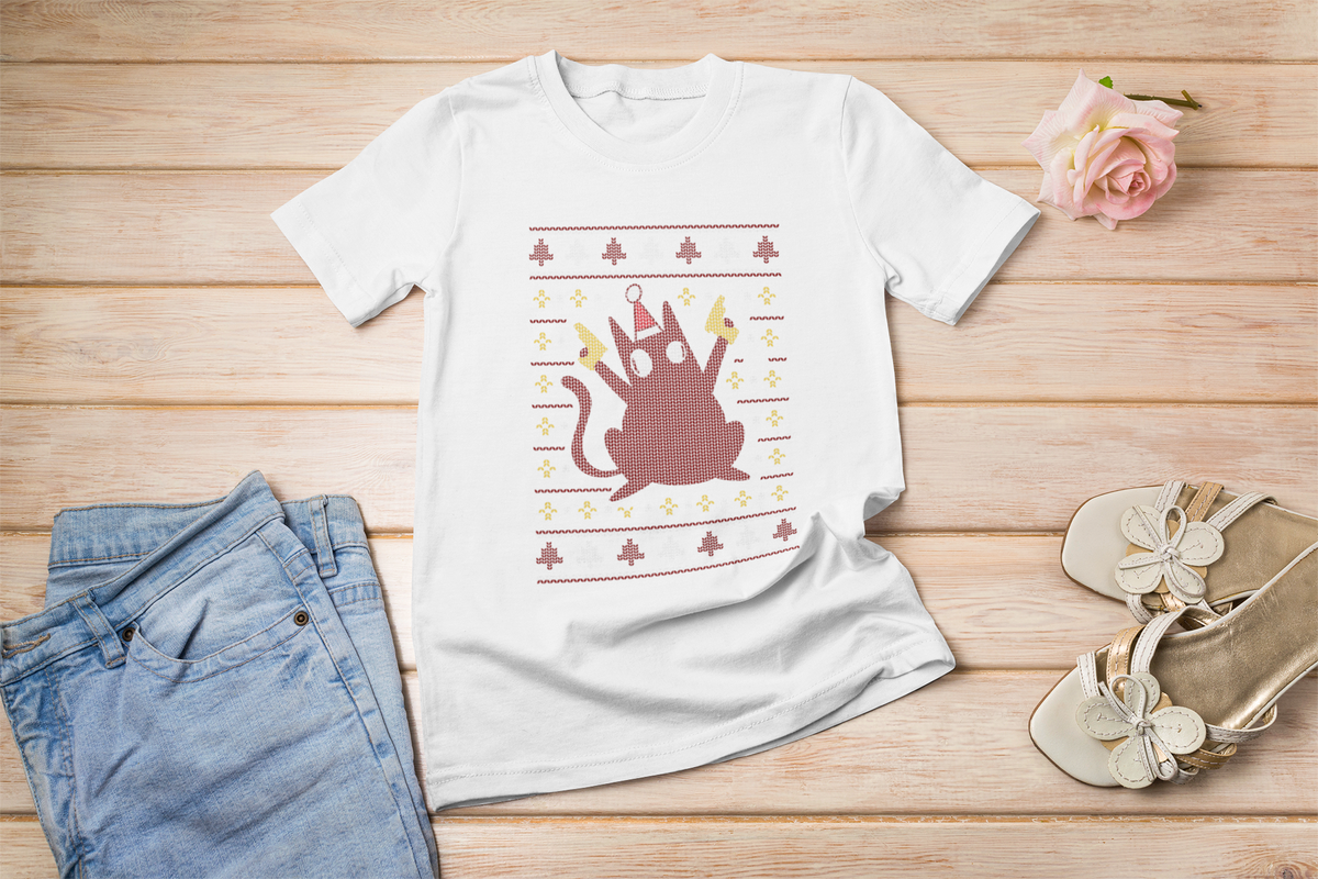 Ugly Sweater Cat Women's Fitted T-Shirt V2 | Funny Christmas Cat Graphic Tee | Holiday Cat Lover Gift | Geekpsters