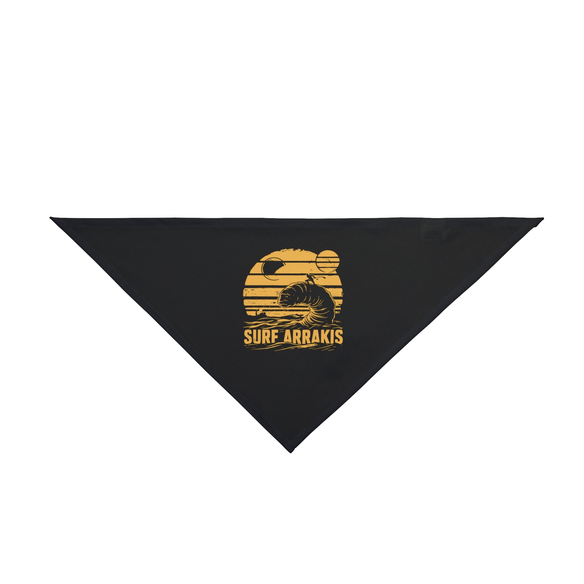Surf Arrakis - Pet Bandana with a yellow design featuring a sandworm under a sun and crescent moon, made from comfy polyester.