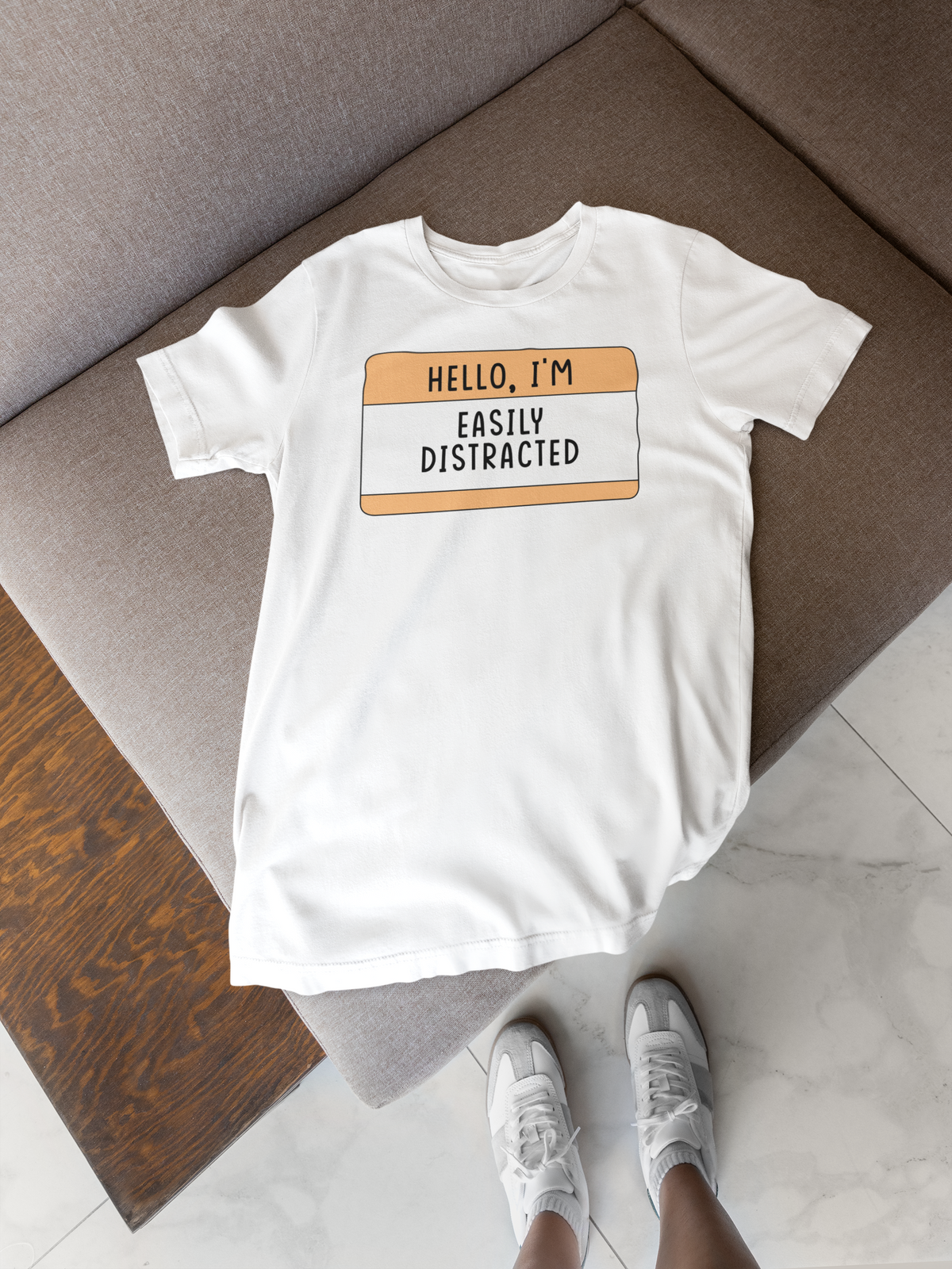 Hello I'm Easily Distracted T design tee folded flat