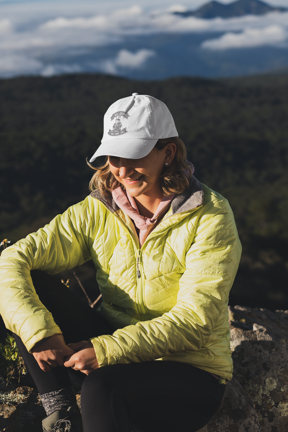 Comic Con Drunk Chronicles dad hat, woman on a mountain hike, lifestyle mockup, Geekpsters