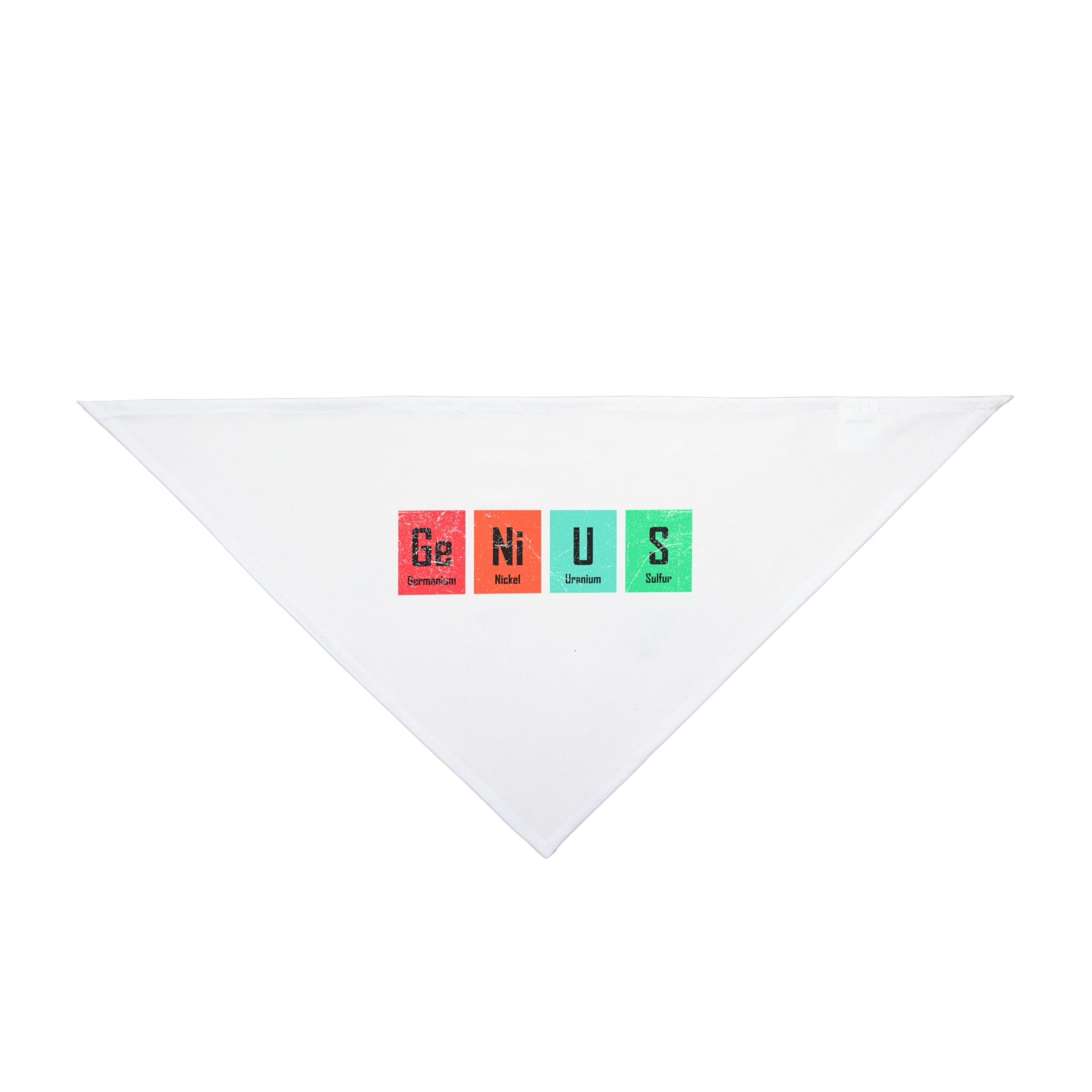 White triangular Ge-Ni-U-S - Pet Bandana made from irritation-free polyester, with the word "GENIUS" spelled out using colorful blocks, each block featuring a letter and the name of a famous scientist.