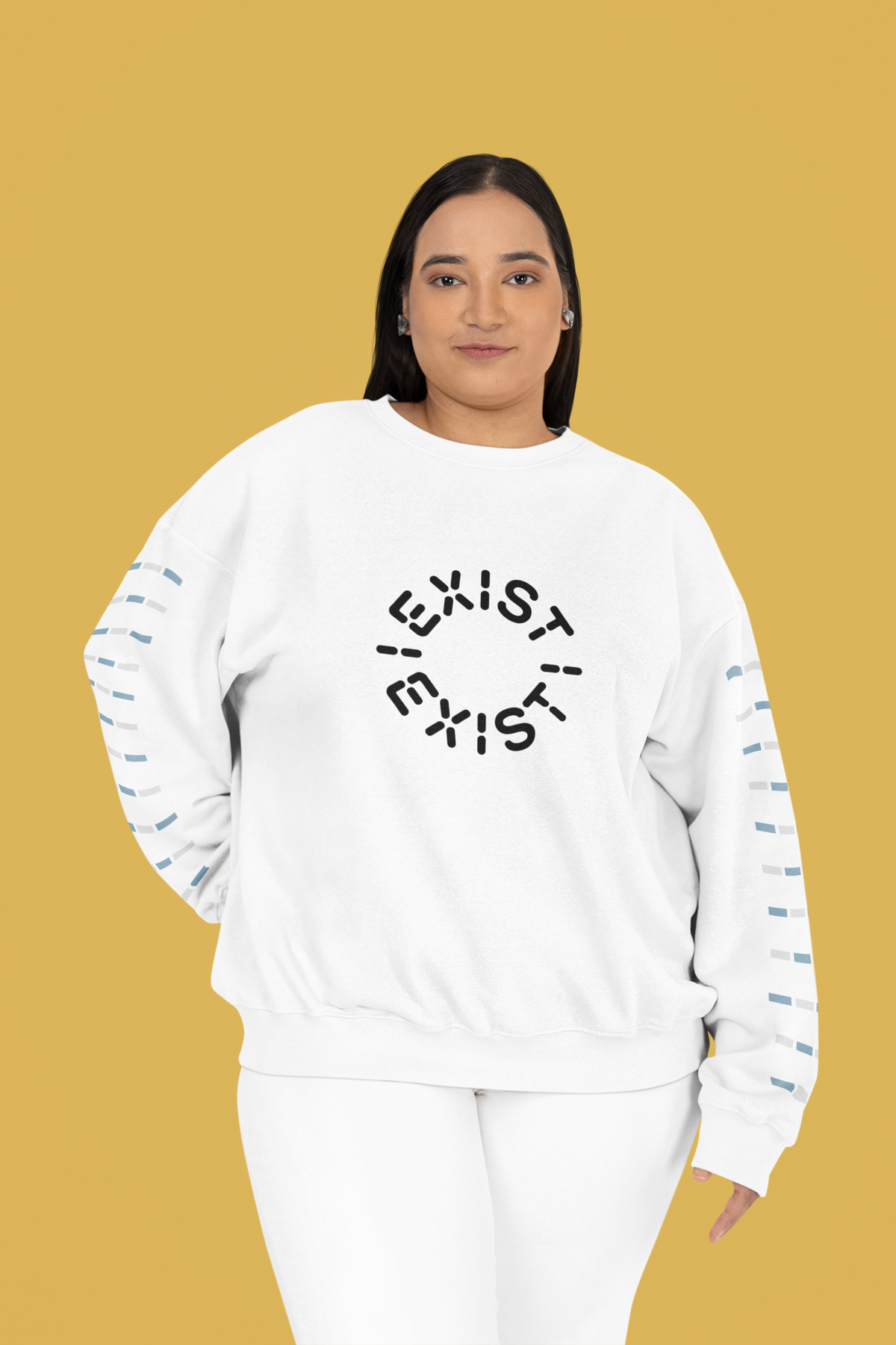 'Exist Exist' sweatshirt in white, woman wearing it on yellow background, minimalist philosophy gift