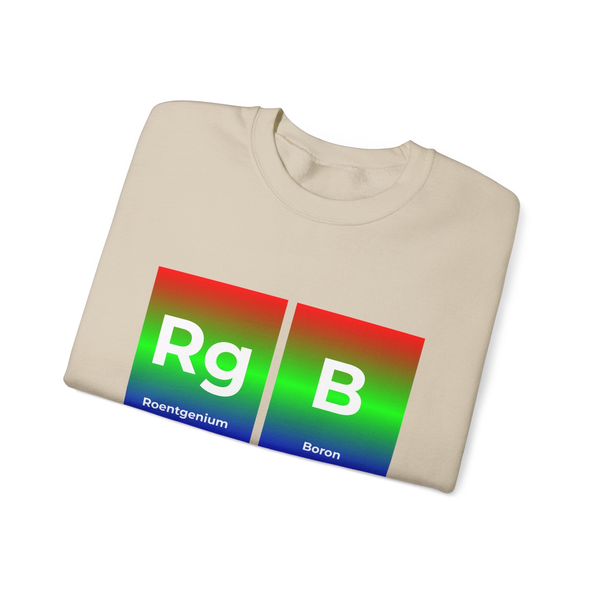 RG-B - Sweatshirt featuring a periodic table design with Roentgenium (Rg) and Boron (B) in colorful squares, perfect for comfort lovers.