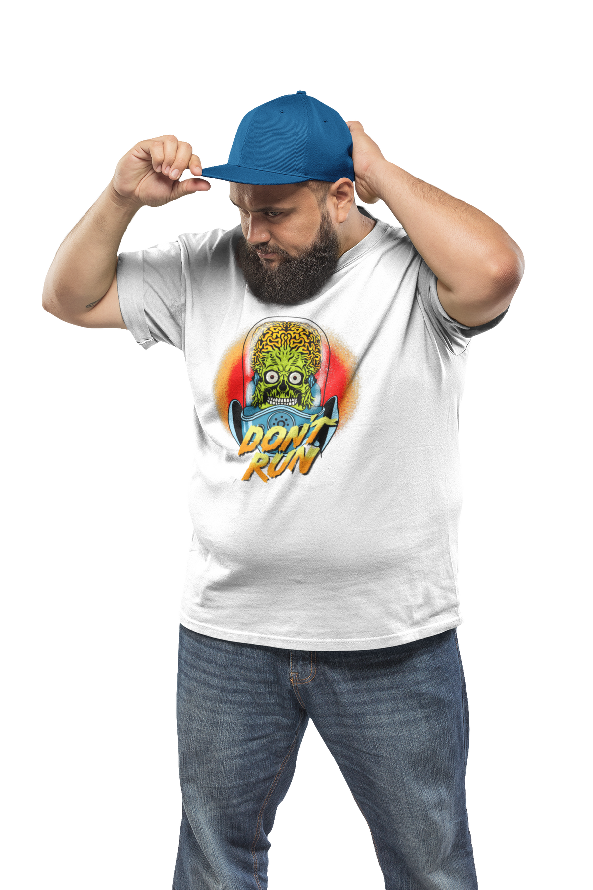 "Don't Run We Come In Peace" alien graphic t-shirt in white, man wearing it with cap, funny sci-fi movie gift