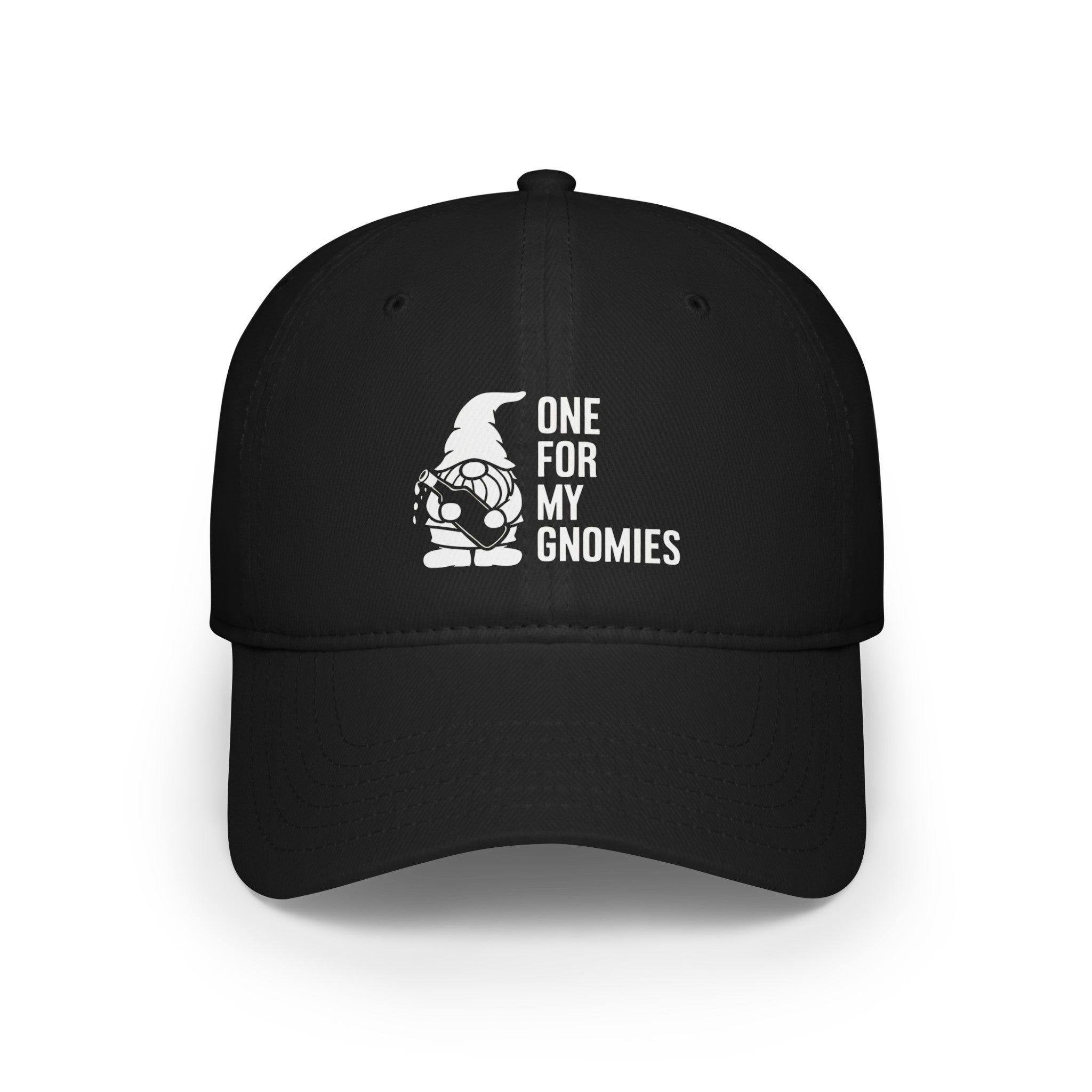 A One For My Gnomies - Hat featuring a graphic of a gnome holding a garden trowel with "One For My Gnomies" written in white, complete with reinforced stitching.